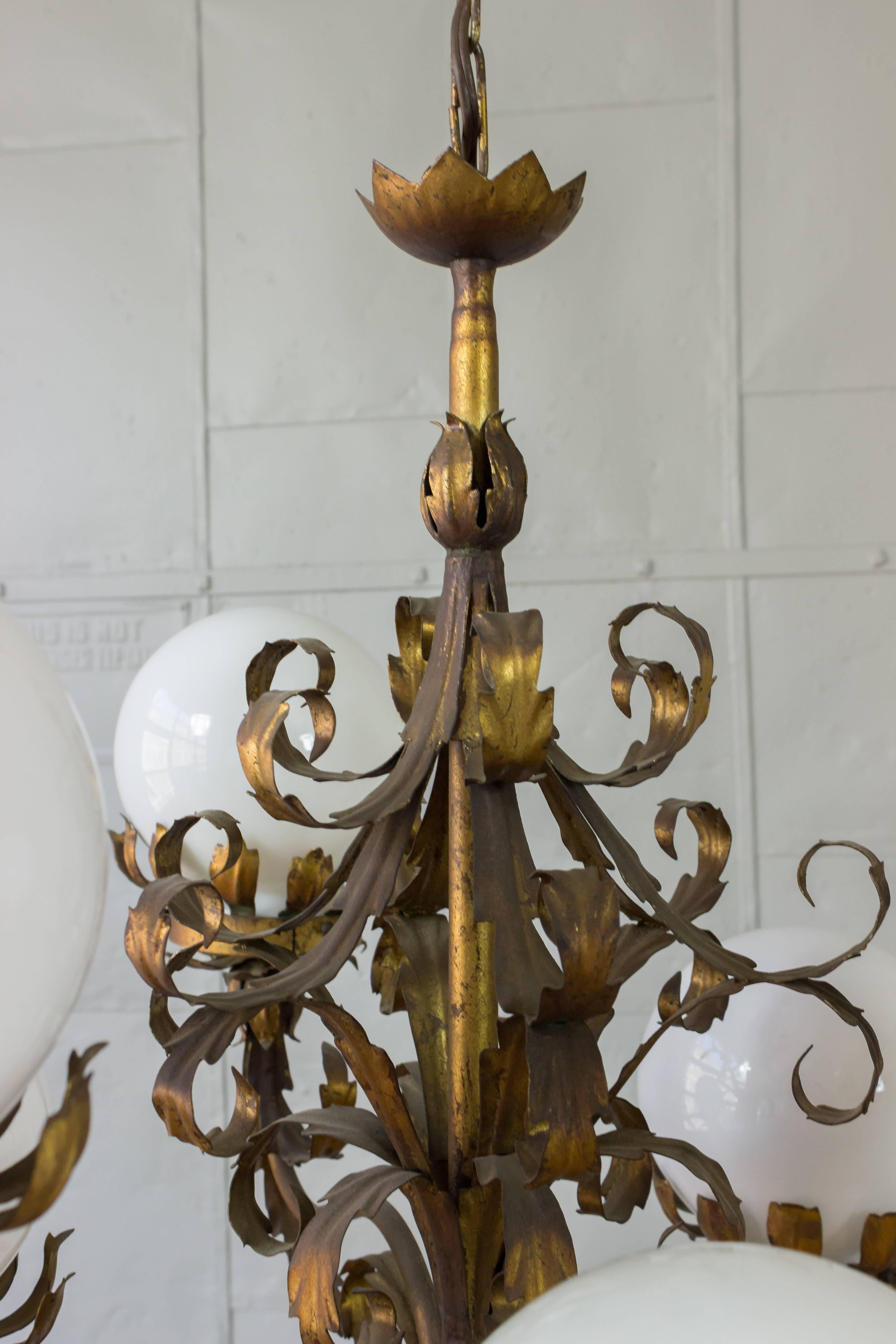 1940s Gilt Metal Chandelier with White Glass Globes 1
