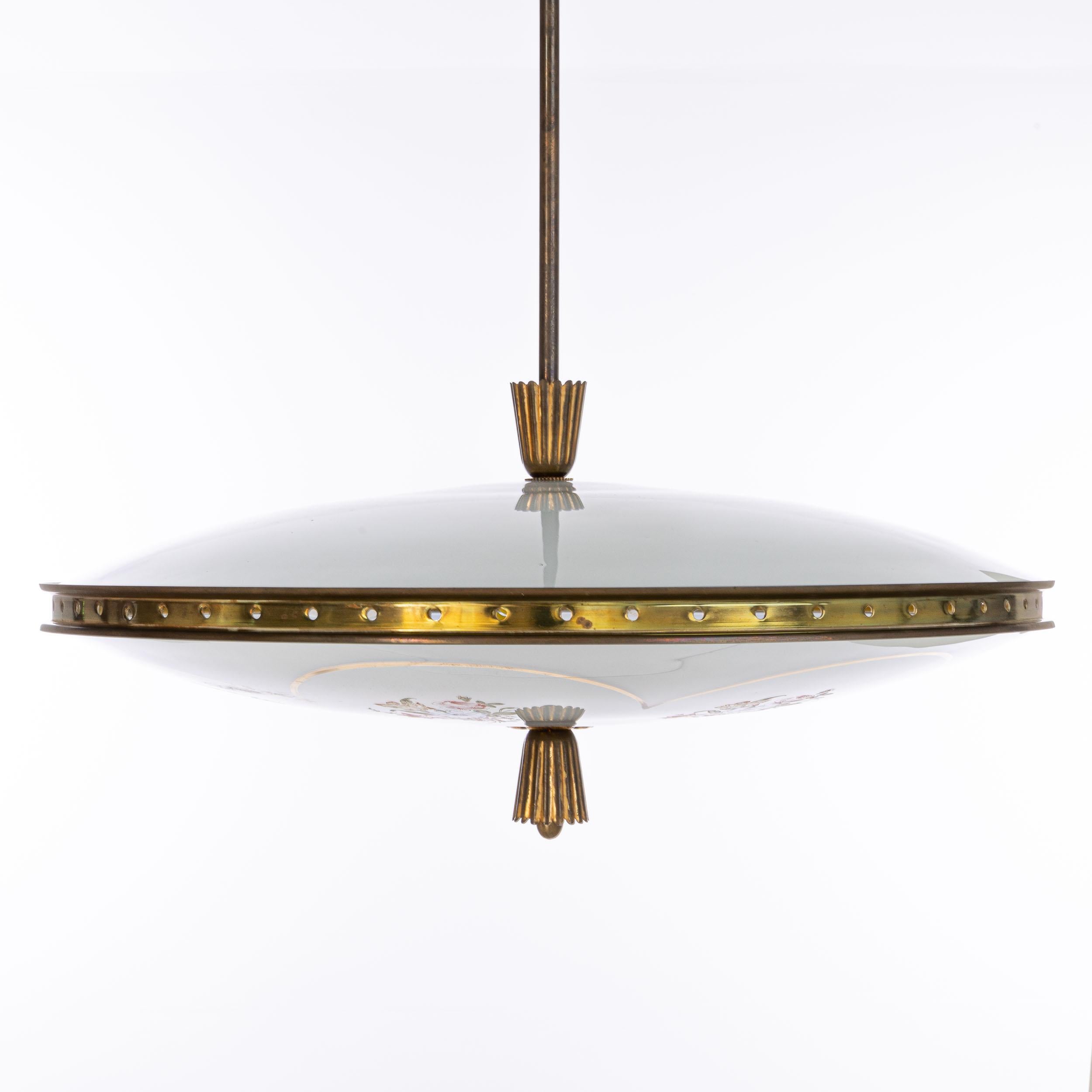 Italian 1940's Glass and Brass Pendant Attributed to Pietro Chiesa For Sale