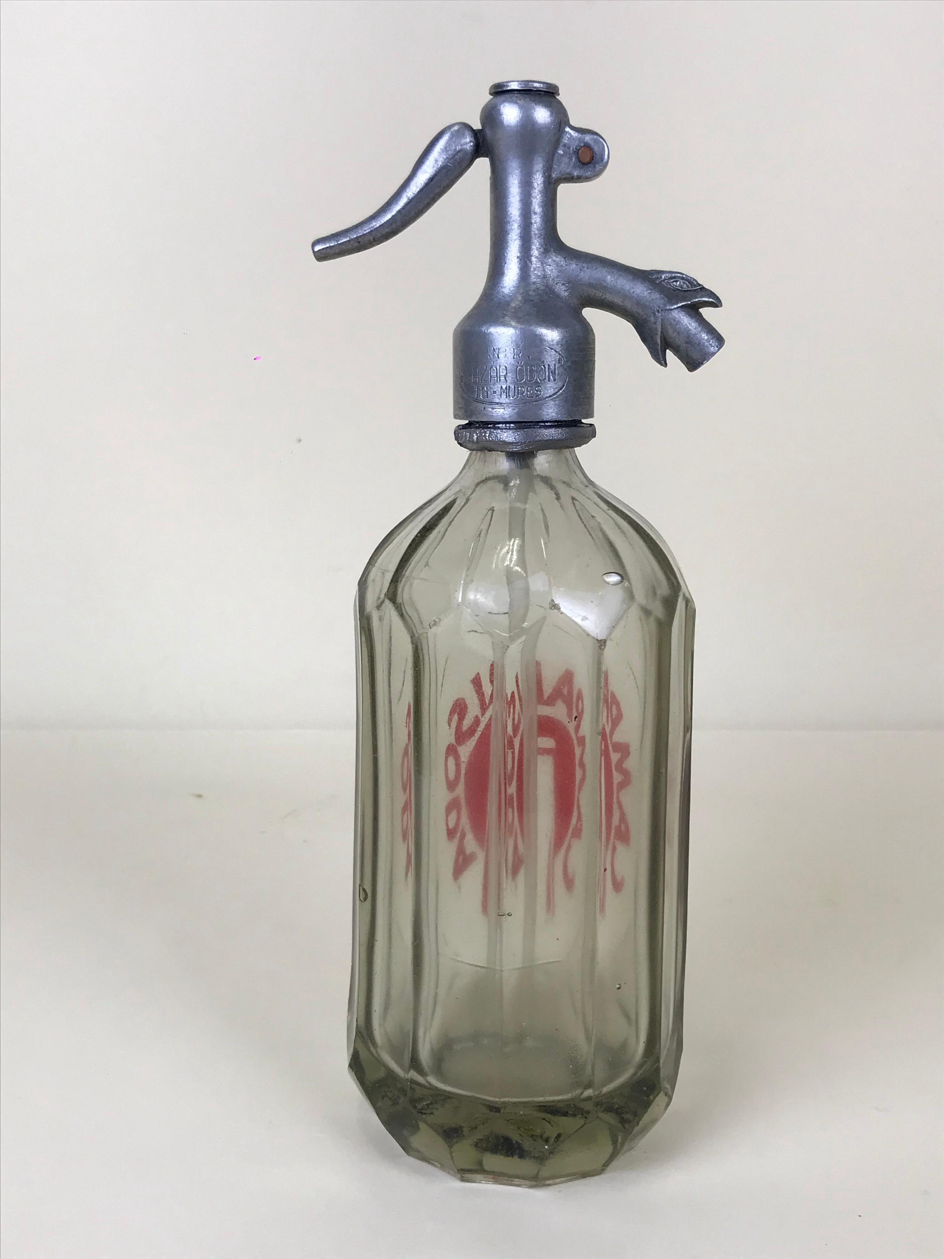 Mid-Century Modern 1940s Glass Italian Small Soda Syphon Seltzer Logo Campari Soda Bar Bottle