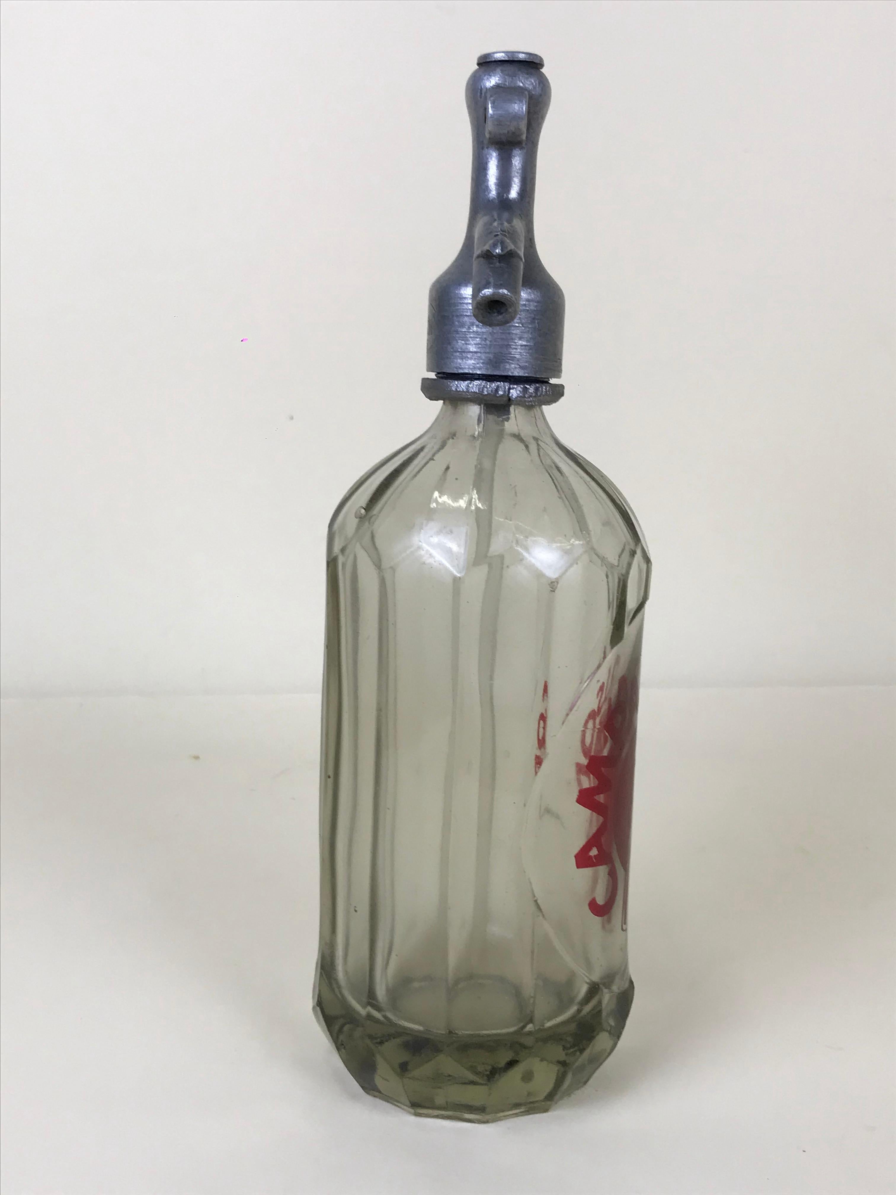 Mid-20th Century 1940s Glass Italian Small Soda Syphon Seltzer Logo Campari Soda Bar Bottle