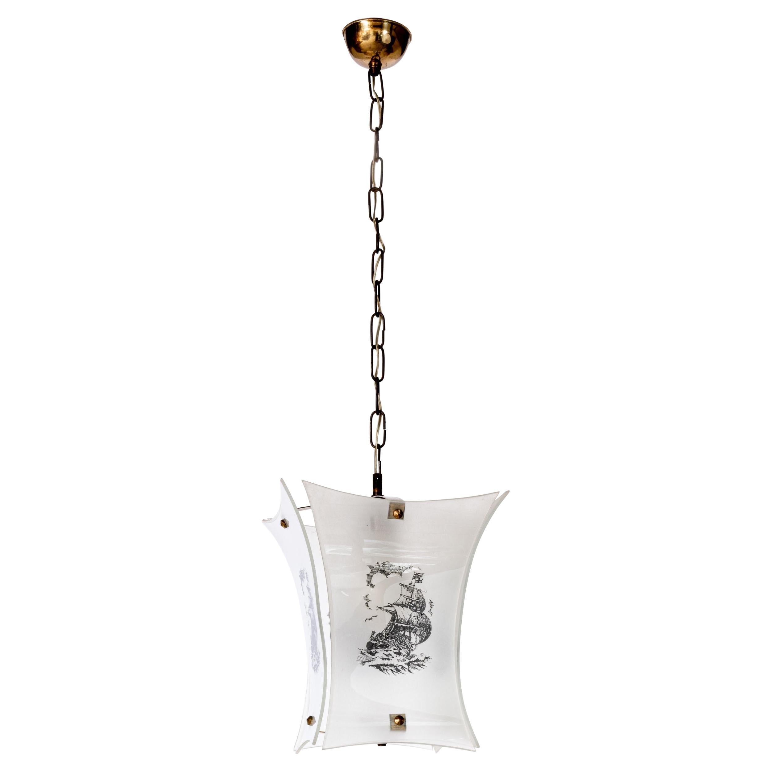 Farol de cristal y metal de 1940 al estilo de Fontana Arte