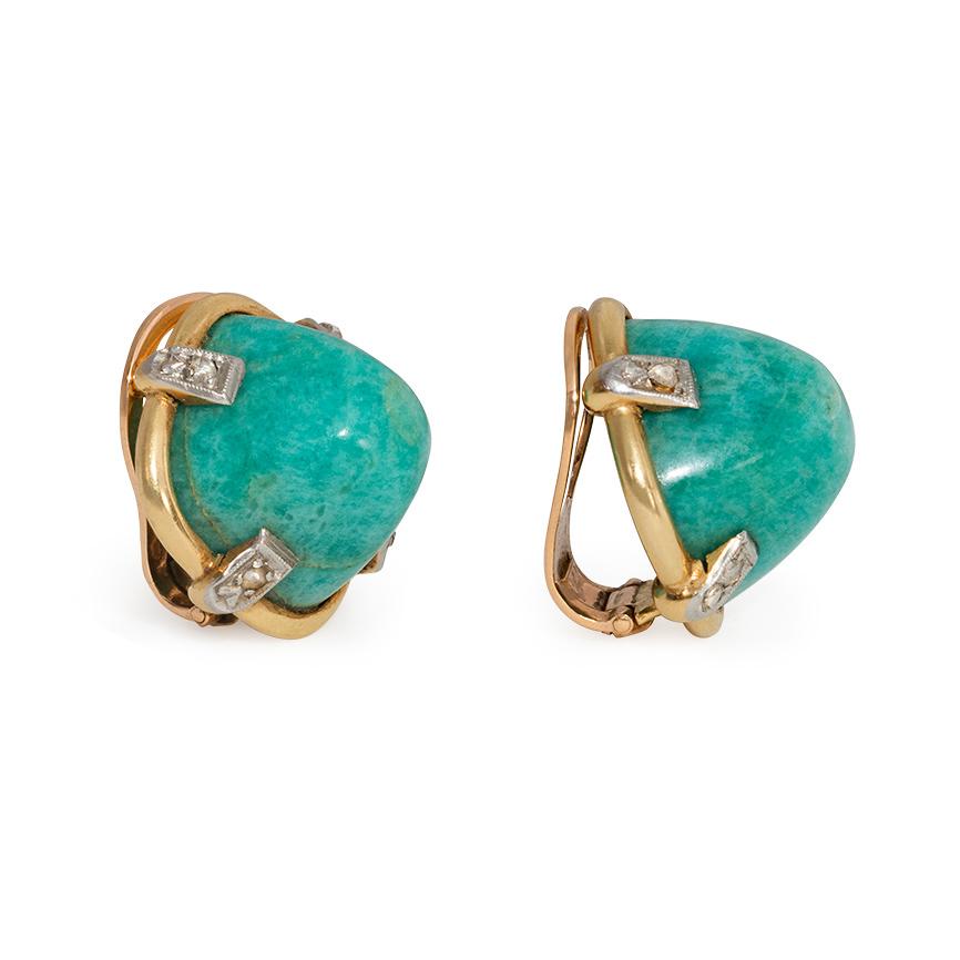 A pair of Retro gold and sugarloaf amazonite clip earrings with diamond-set prongs, in 18k and platinum.