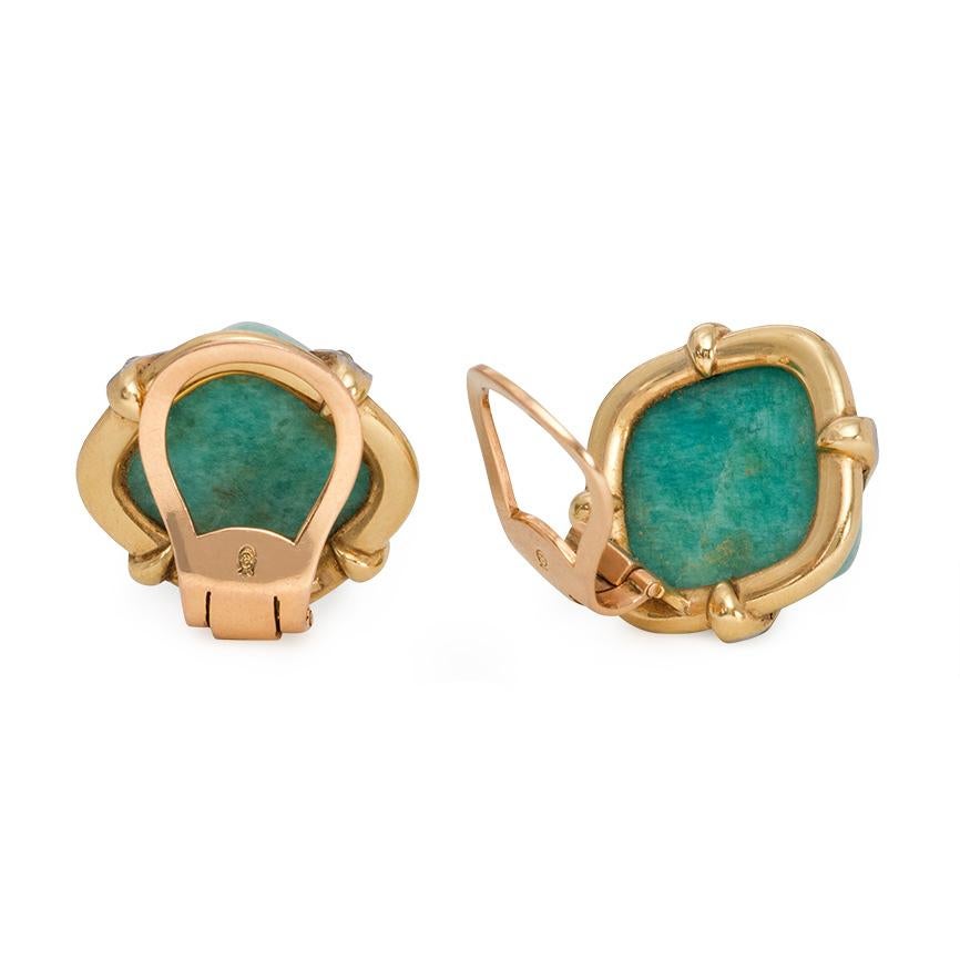 Retro 1940s Gold and Amazonite Button Earrings with Diamond Accents