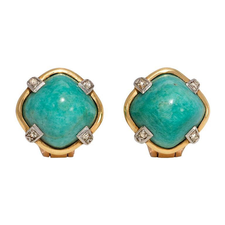 1940s Gold and Amazonite Button Earrings with Diamond Accents