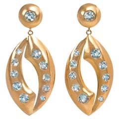 1940s Gold and Aquamarine Earrings with Open Navette-Shaped Pendants