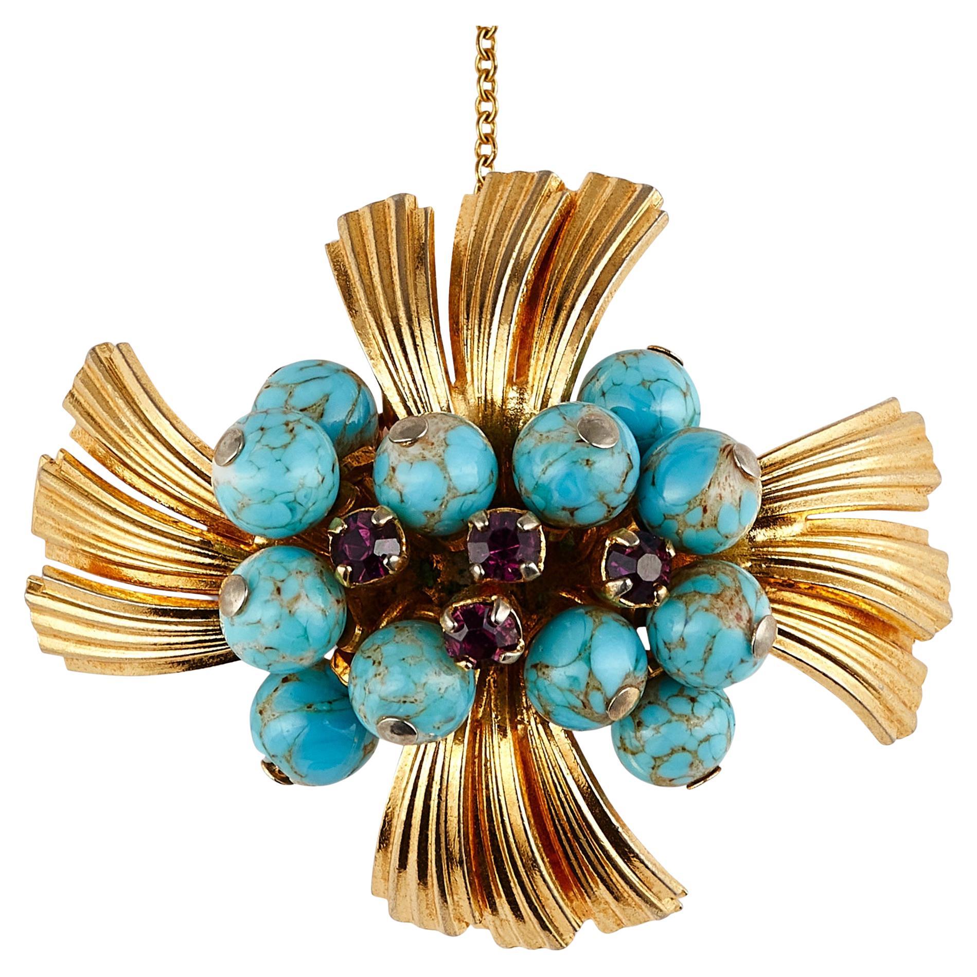 1940s Gold and Turquoise Matrix 3D Effect Brooch