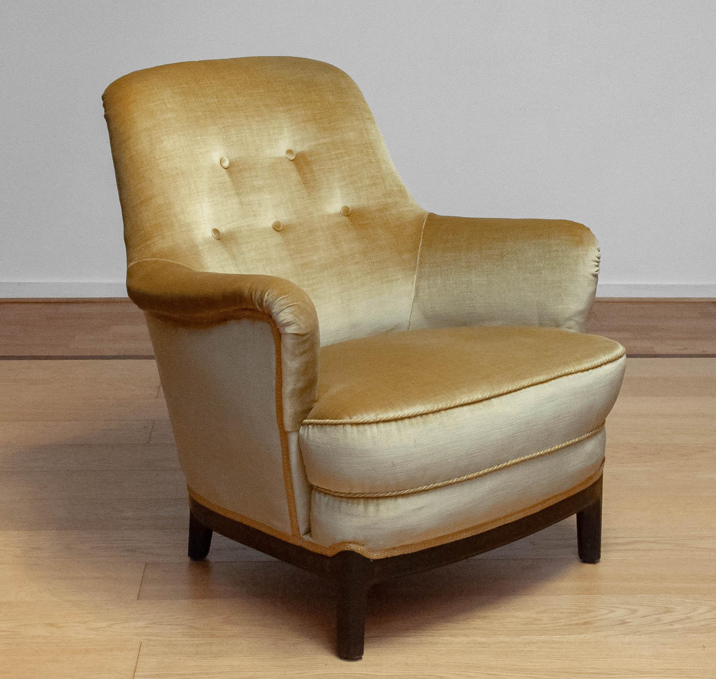 Mid-Century Modern 1940s Gold Colored Velvet Upholstered Lounge Chair By Carl Malmsten Sweden For Sale