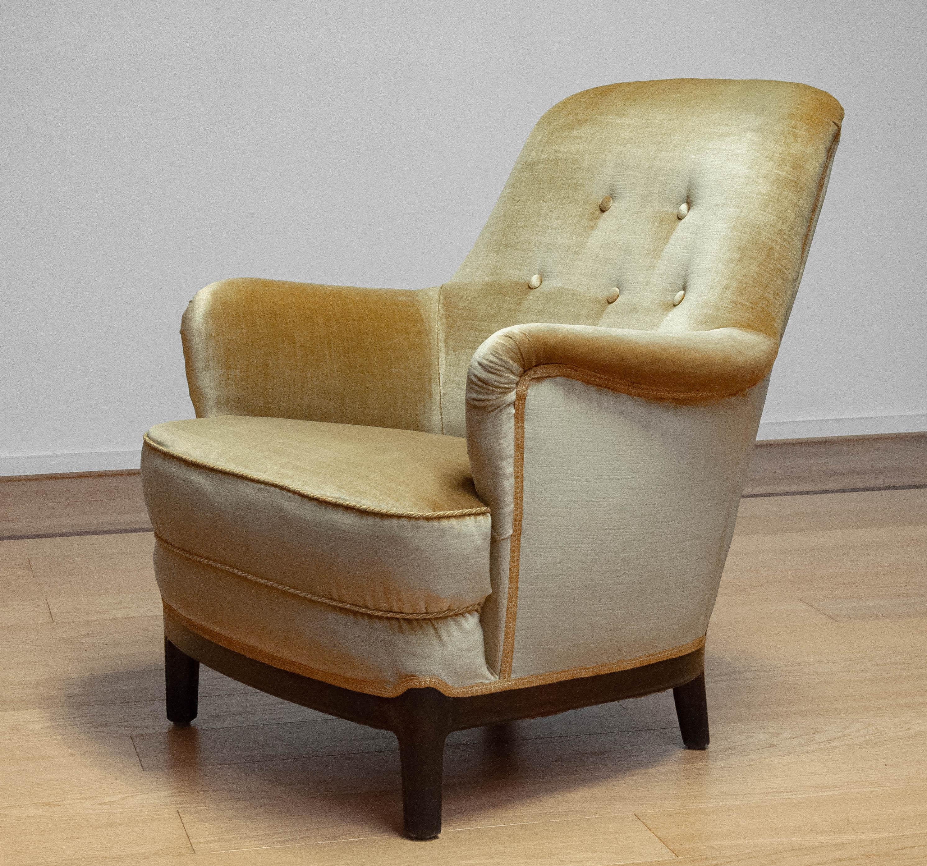 Mid-20th Century 1940s Gold Colored Velvet Upholstered Lounge Chair By Carl Malmsten Sweden For Sale