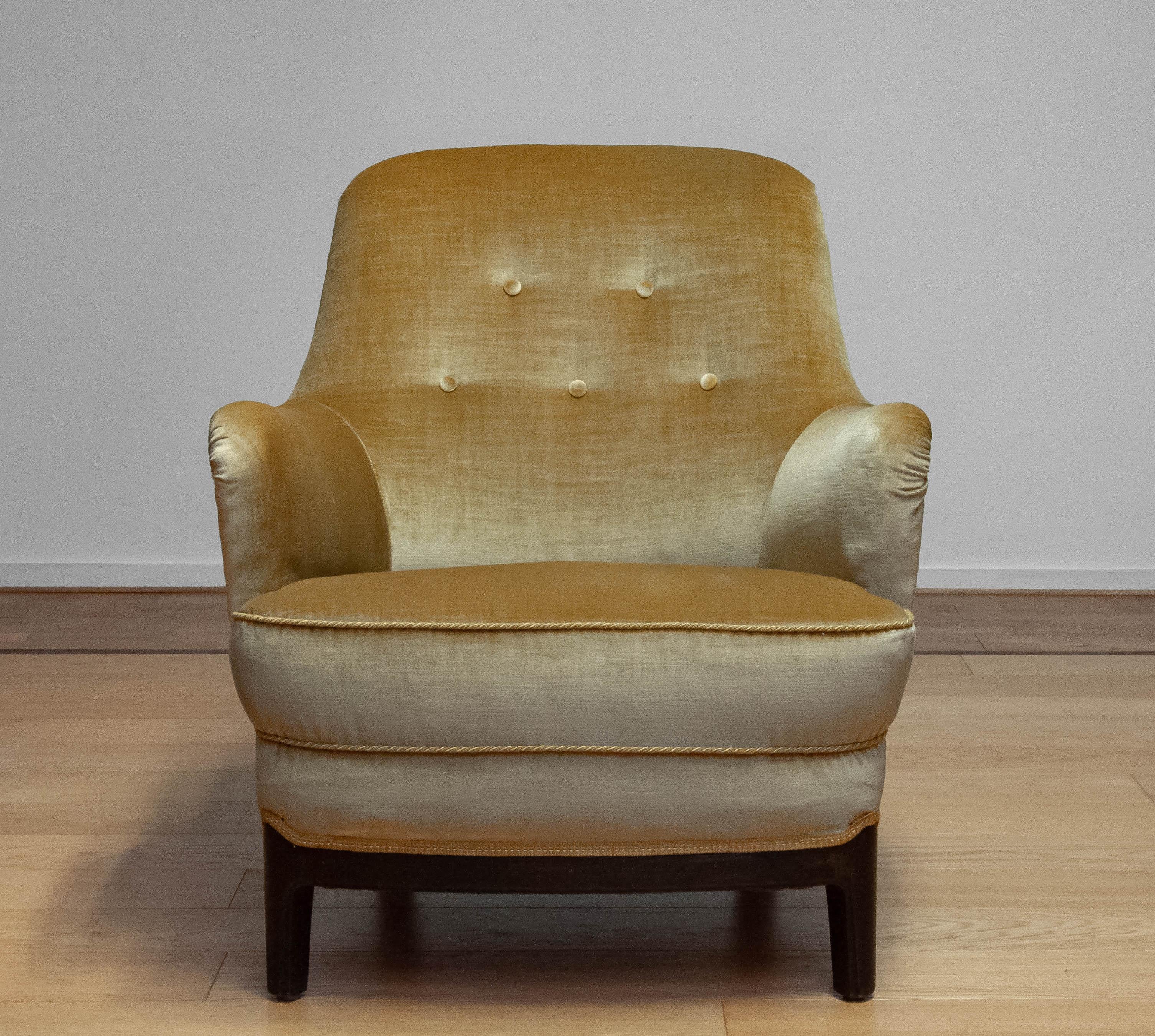 1940s Gold Colored Velvet Upholstered Lounge Chair By Carl Malmsten Sweden For Sale 1