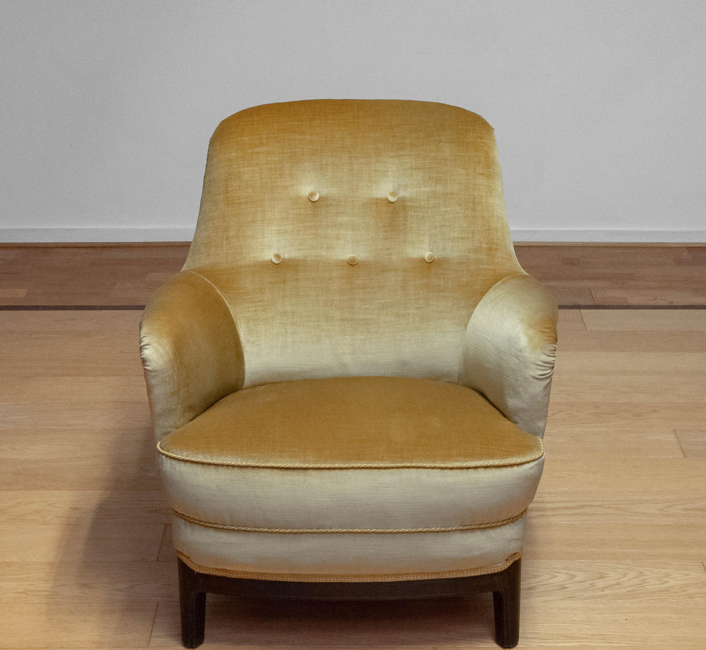 1940s Gold Colored Velvet Upholstered Lounge Chair By Carl Malmsten Sweden For Sale 2