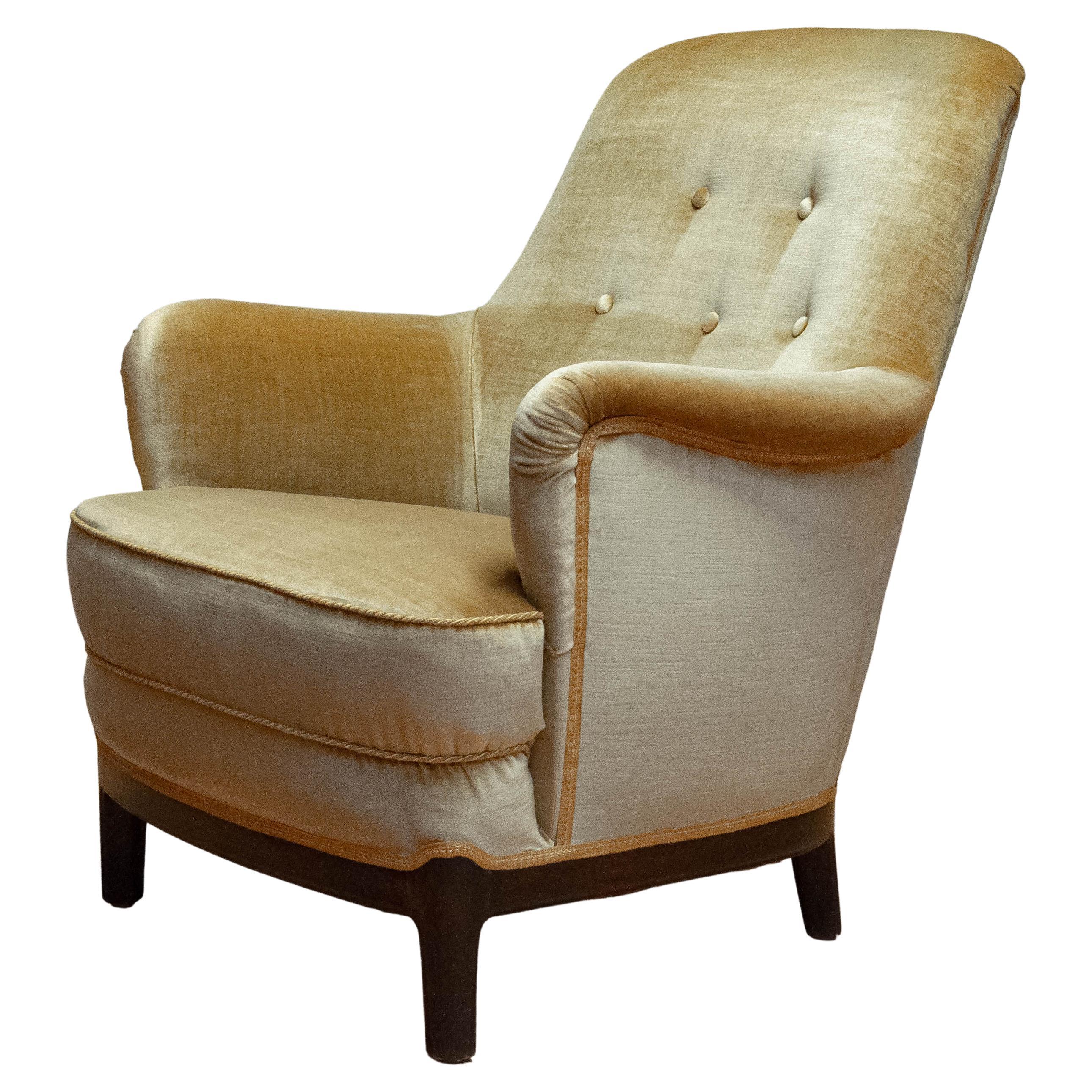 1940s Gold Colored Velvet Upholstered Lounge Chair By Carl Malmsten Sweden For Sale