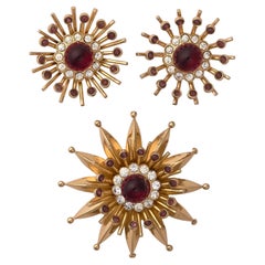 1940s Gold Coro Earrings Brooch and Bracelet 3-Piece Parure Set