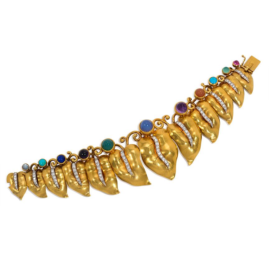 1940s Gold, Diamond, and Multicolored Hardstone Vine Leaf Brooch For Sale 2