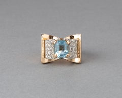 1940's Gold Diamonds and Aquamarine Tank Ring