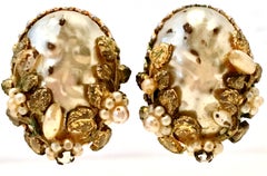 1940'S Gold Faux Baroque & Seed Pearl Organic Form Earrings By, Coro