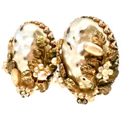 Retro 1940'S Gold Faux Baroque & Seed Pearl Organic Form Earrings By, Coro