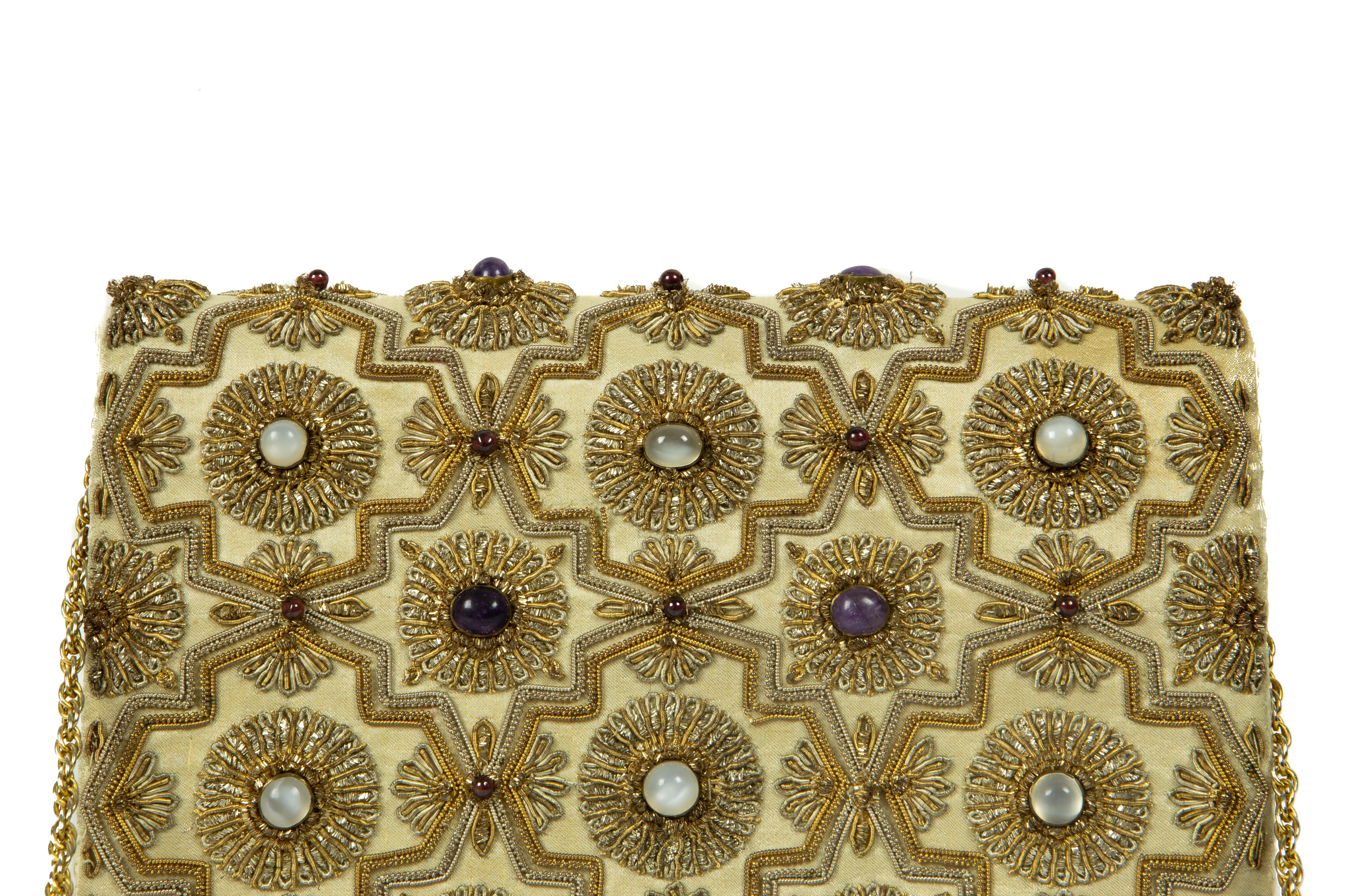 Women's or Men's 1940s Gold Lamé Evening Bag With Moonstones, Amethysts And Garnets For Sale