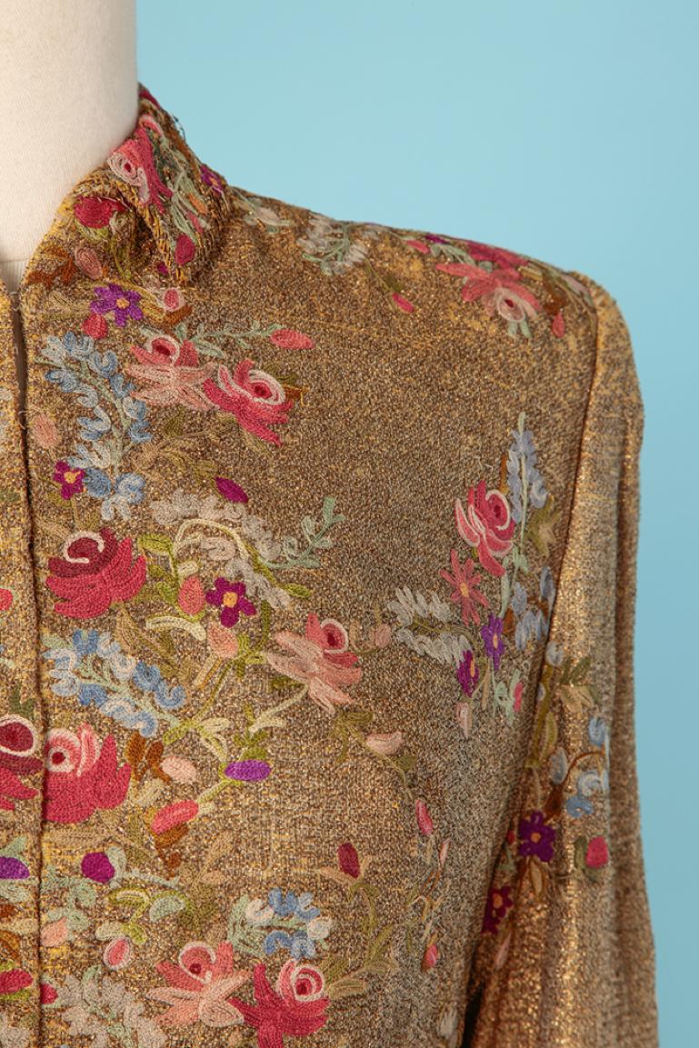 Brown 1940's gold lamé evening jacket with threads flowers embroideries  For Sale