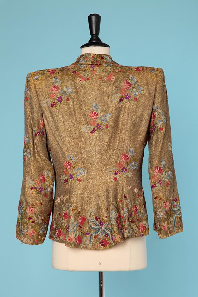 Women's 1940's gold lamé evening jacket with threads flowers embroideries  For Sale