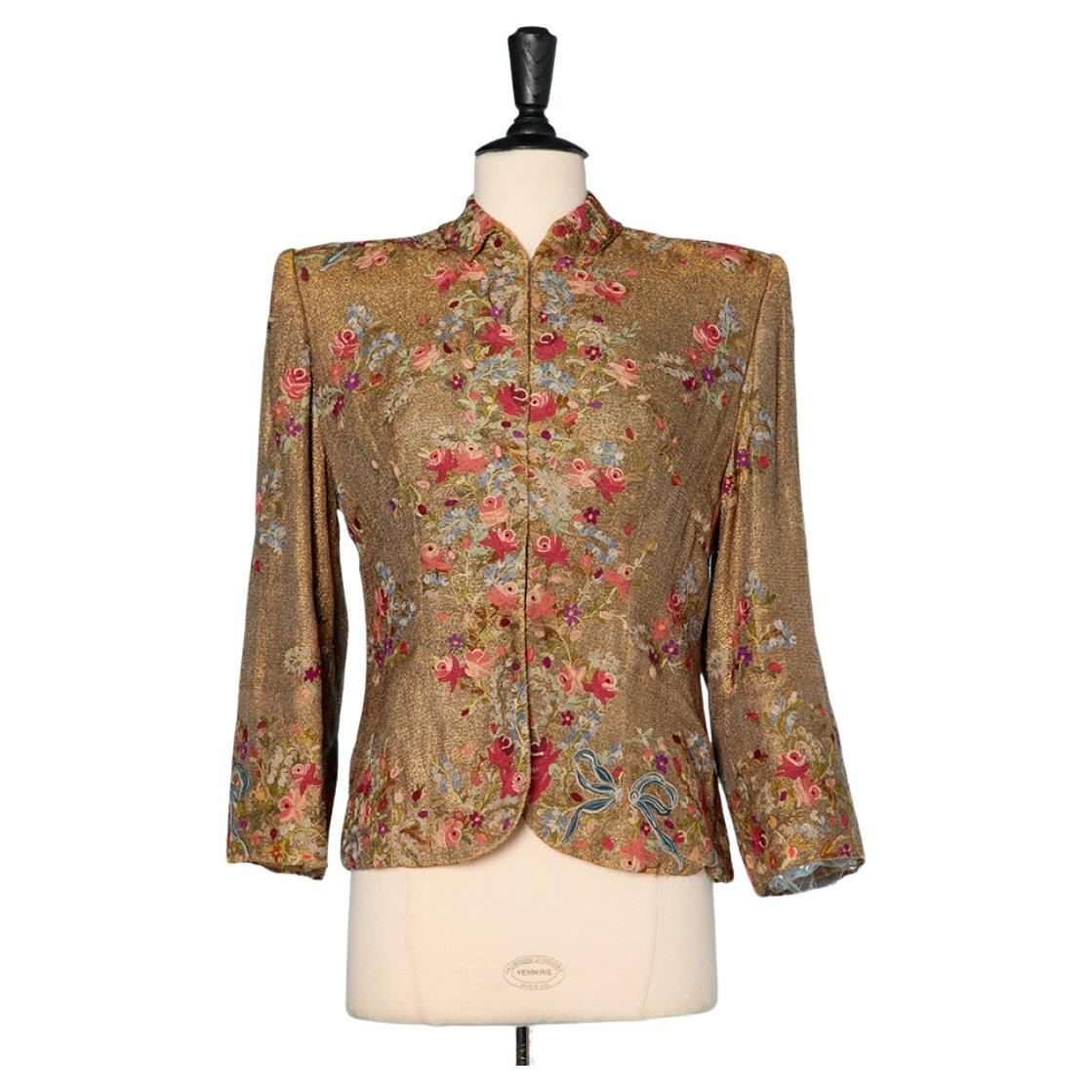 1940's gold lamé evening jacket with threads flowers embroideries  For Sale