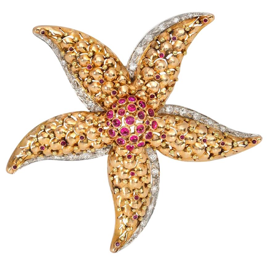 1940s Gold, Ruby, and Diamond Starfish Clip Brooch