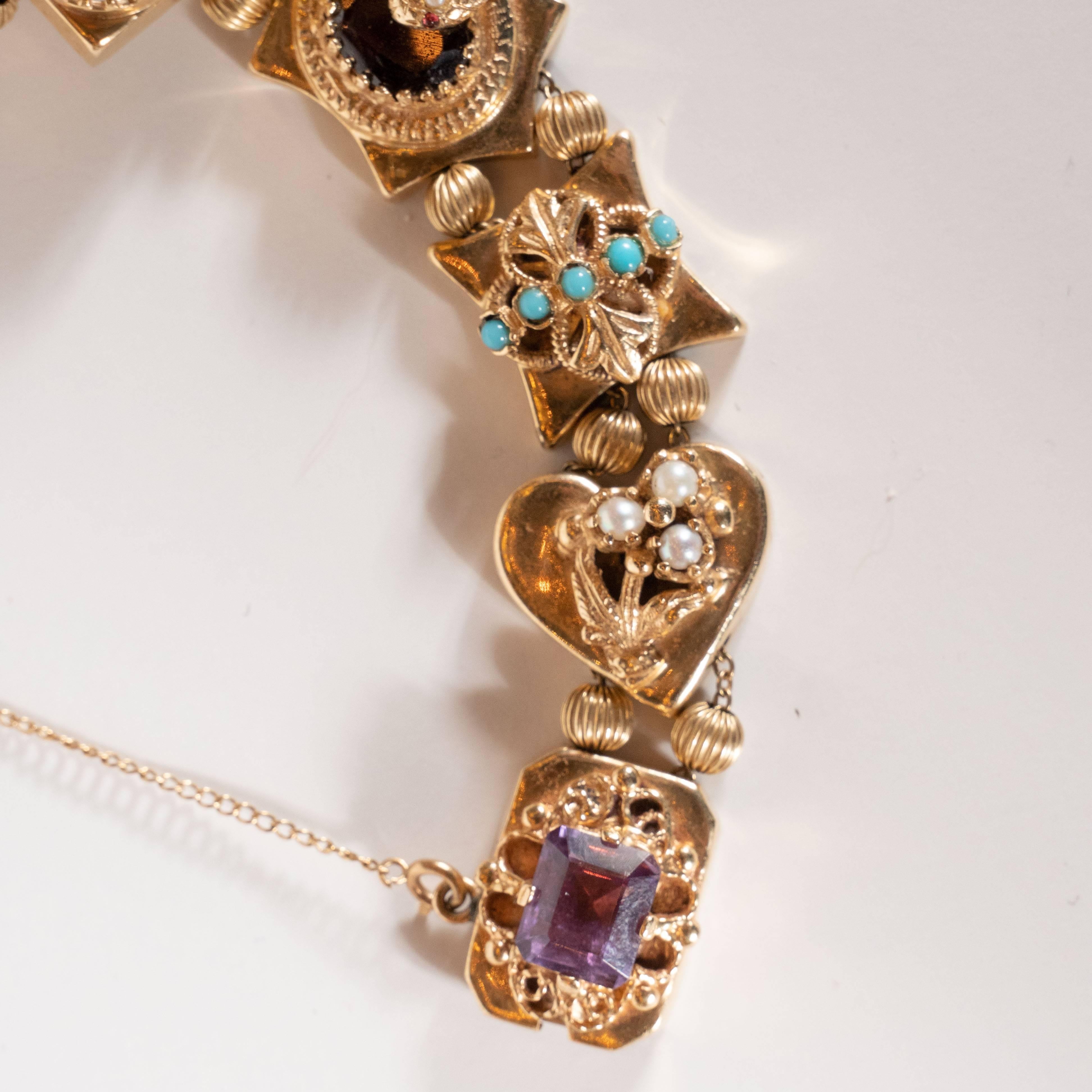 1940s Gold Slide Bracelet with Citrine, Sapphire, Rubies, Garnets and Pearls 4