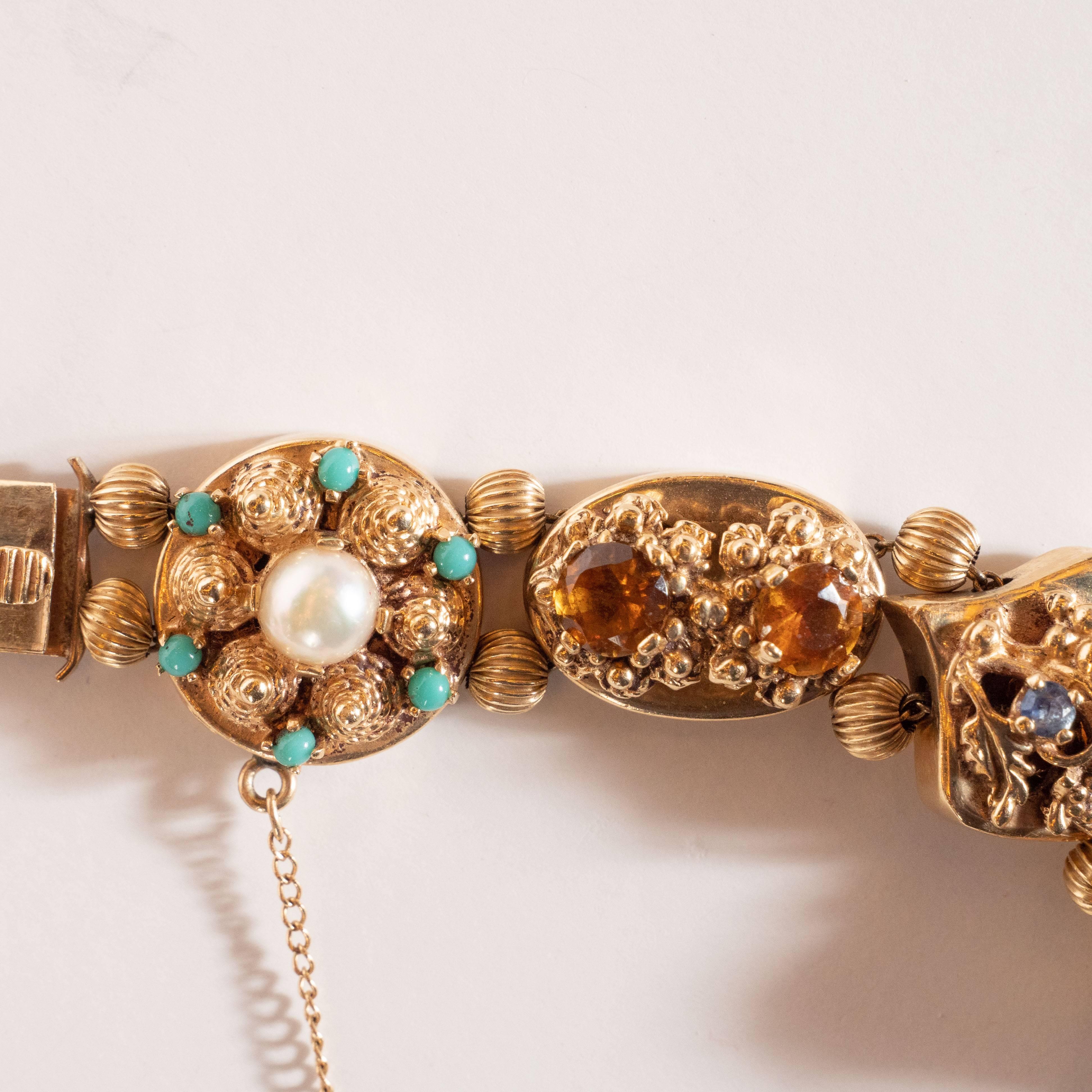 1940s Gold Slide Bracelet with Citrine, Sapphire, Rubies, Garnets and Pearls 5