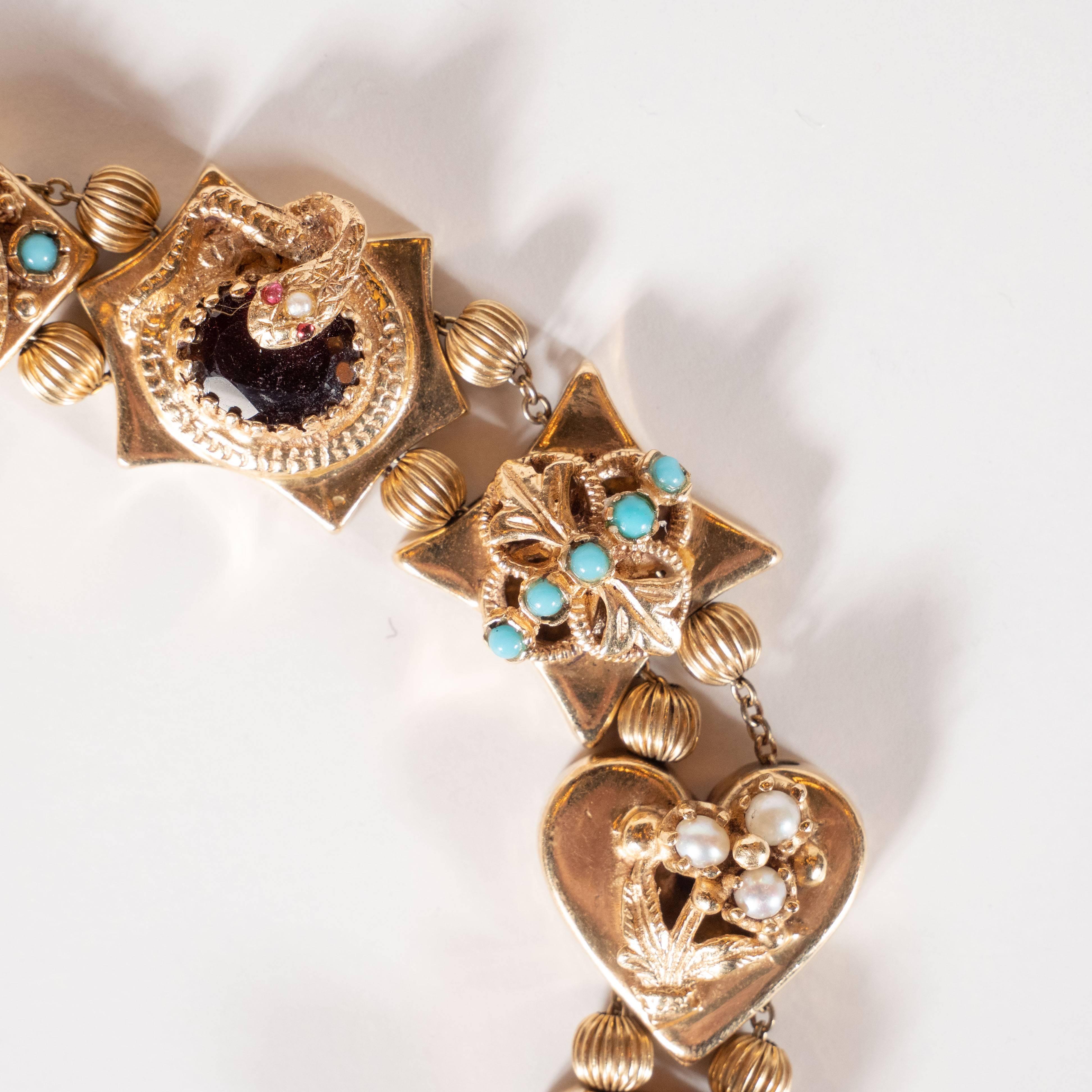 Art Deco 1940s Gold Slide Bracelet with Citrine, Sapphire, Rubies, Garnets and Pearls