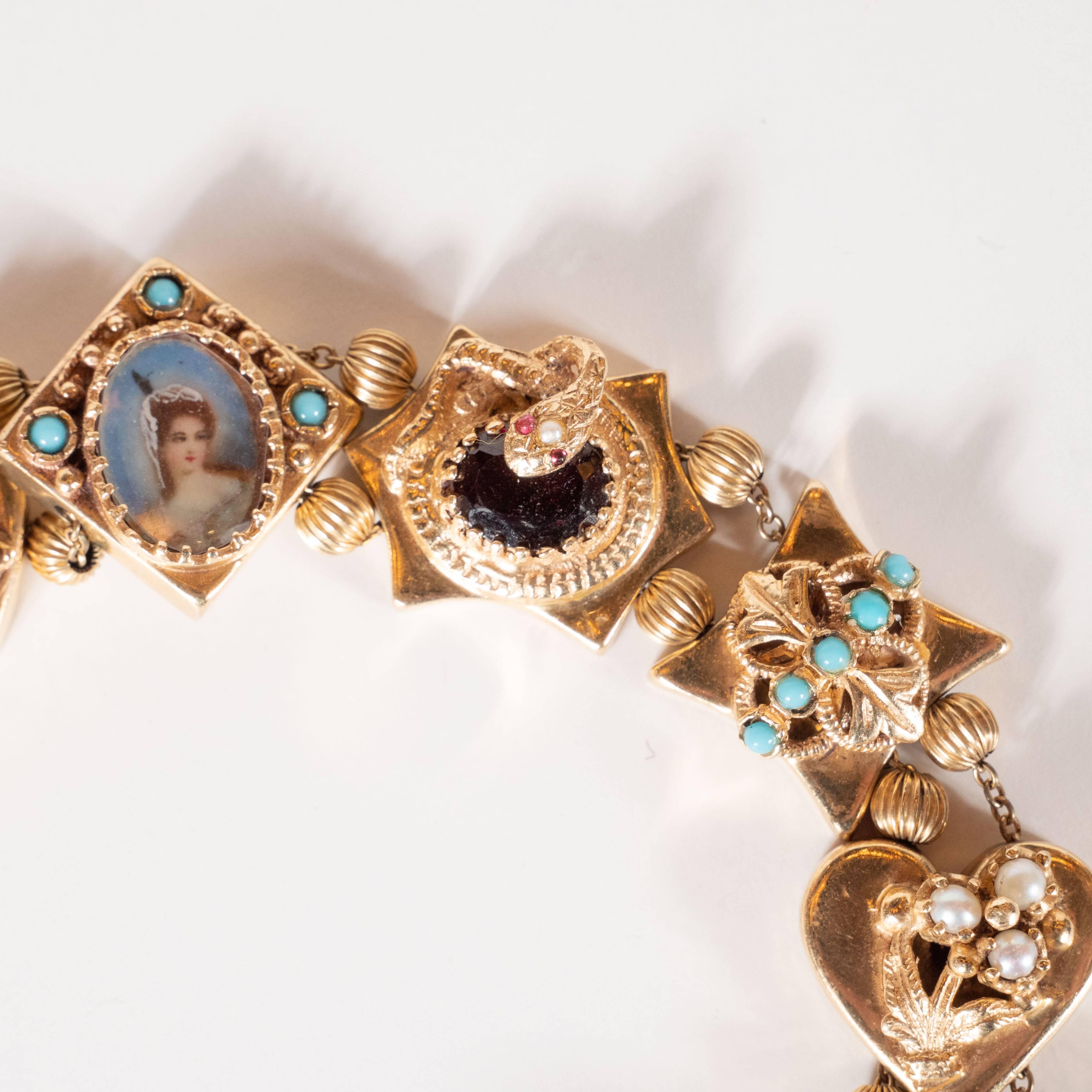 Women's 1940s Gold Slide Bracelet with Citrine, Sapphire, Rubies, Garnets and Pearls