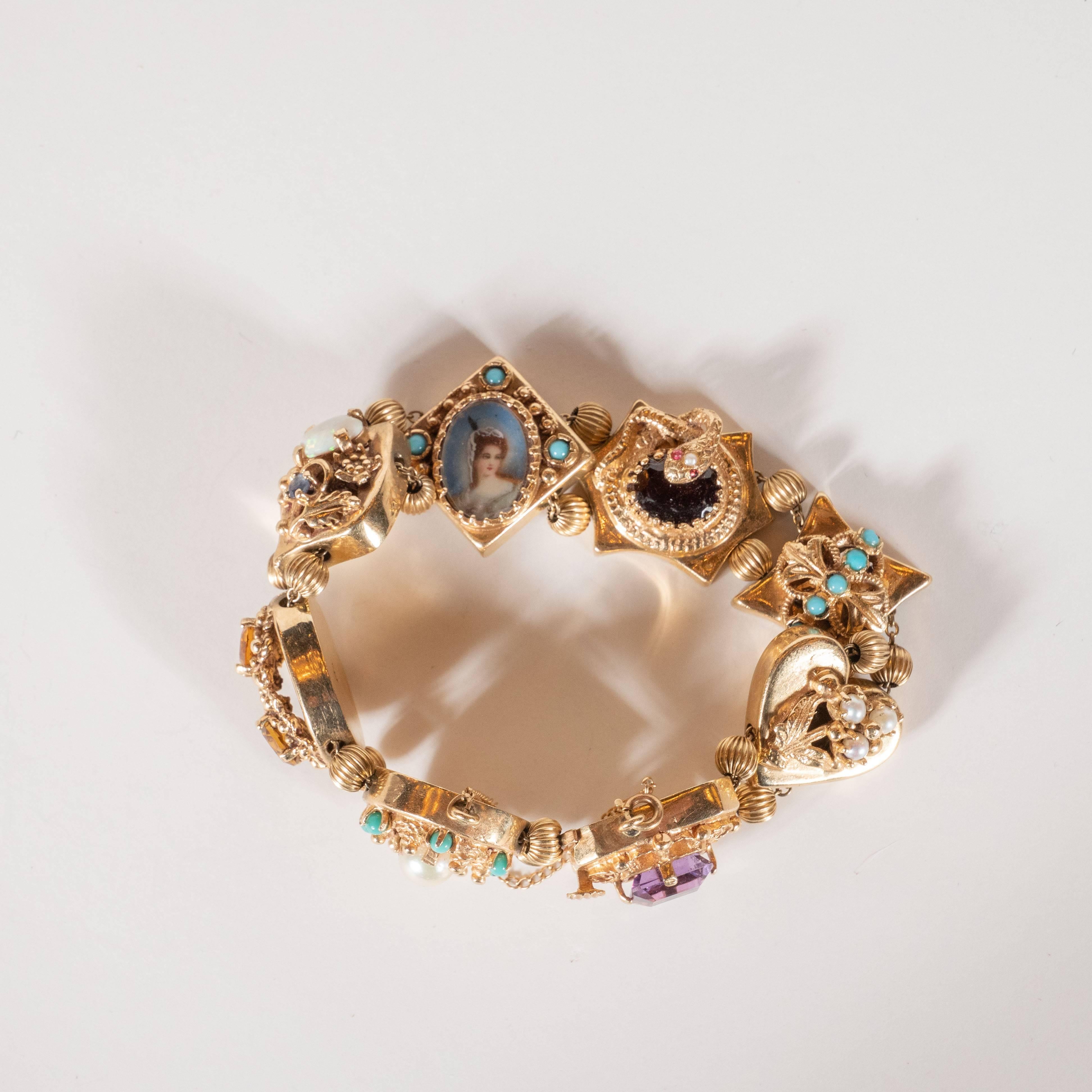 1940s Gold Slide Bracelet with Citrine, Sapphire, Rubies, Garnets and Pearls In Excellent Condition In New York, NY