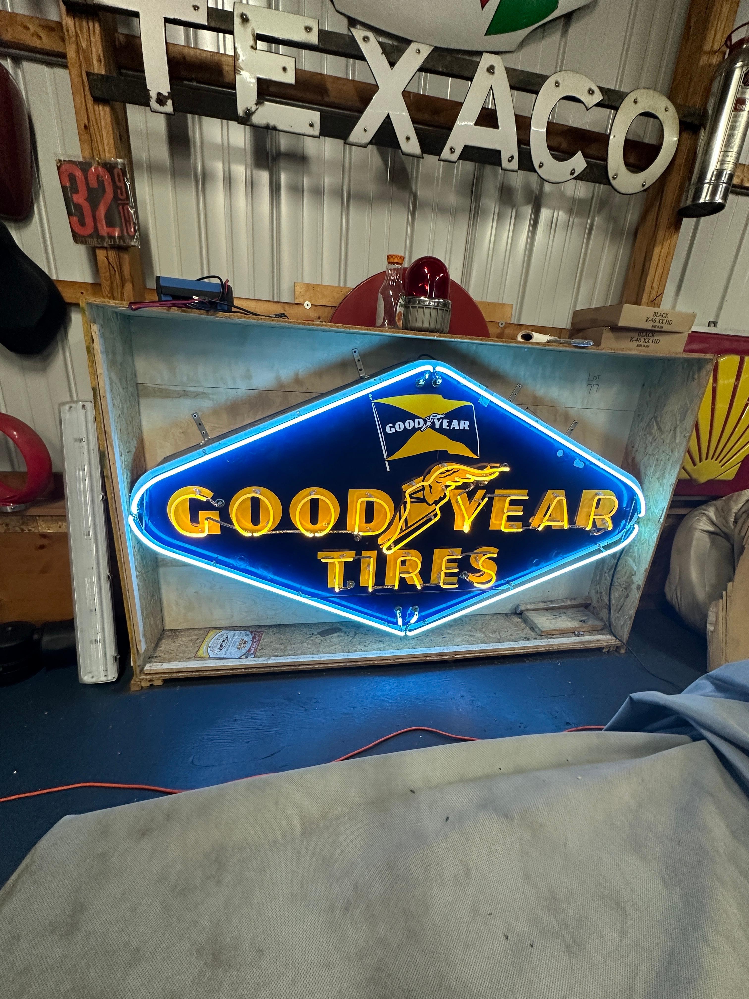 American 1940's Goodyear Tires Porcelain Neon Light Sign For Sale