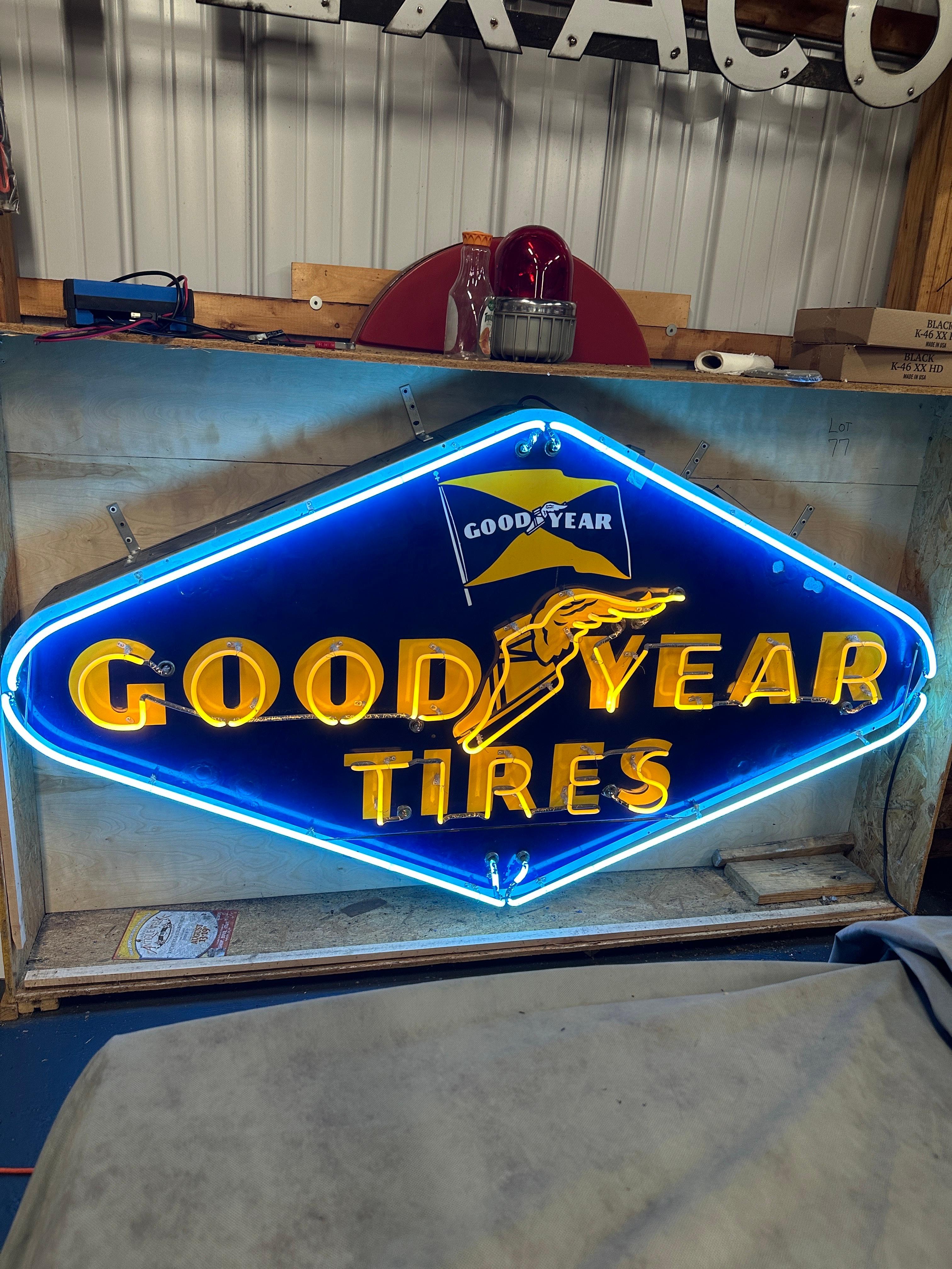 1940's Goodyear Tires Porcelain Neon Light Sign In Good Condition For Sale In Alpha, NJ