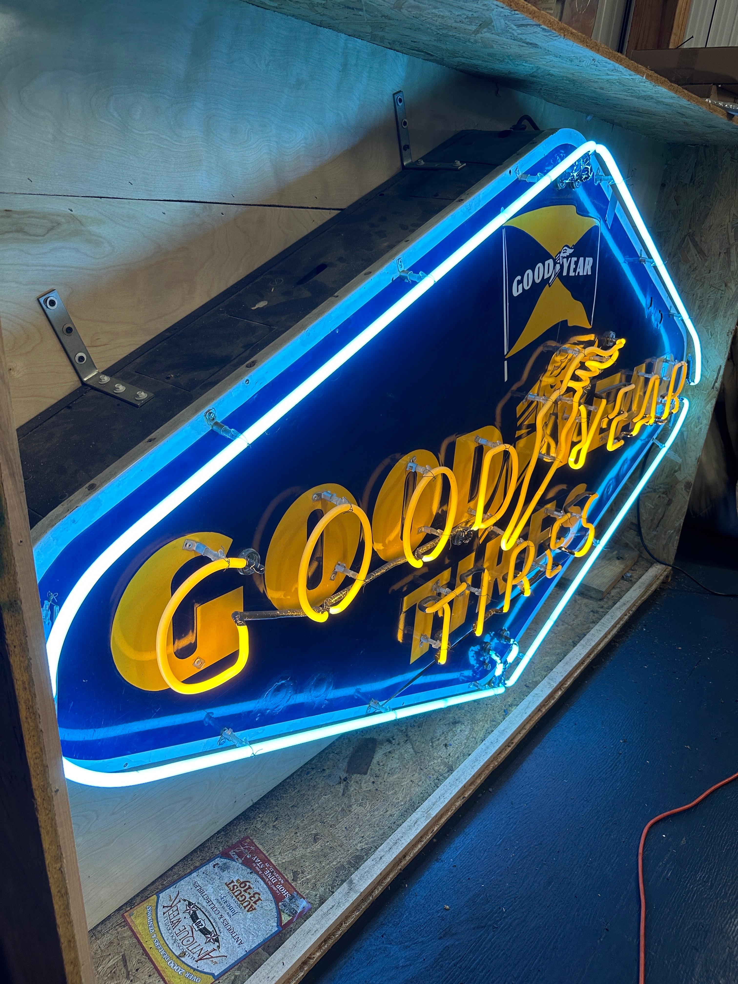 Steel 1940's Goodyear Tires Porcelain Neon Light Sign For Sale