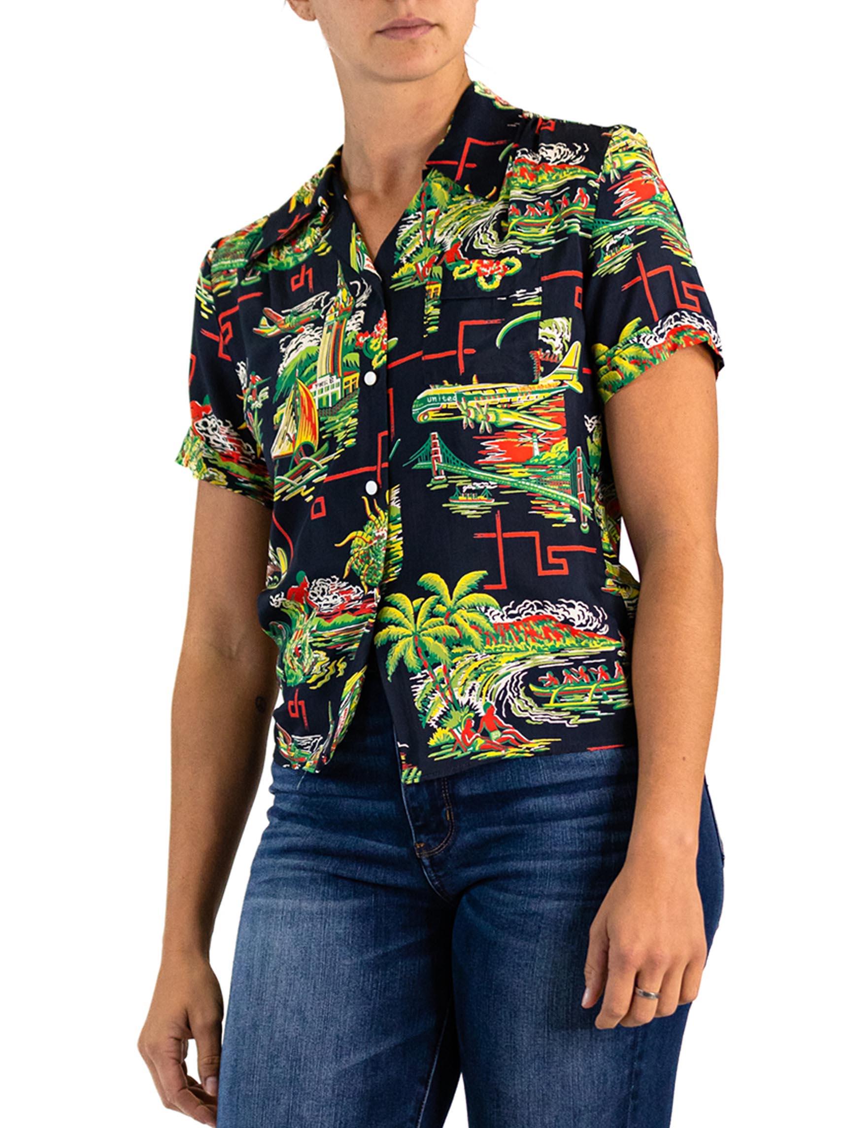 Women's 1940S GRAFF Black Rayon American Airlines Hawaiian Print Shirt For Sale