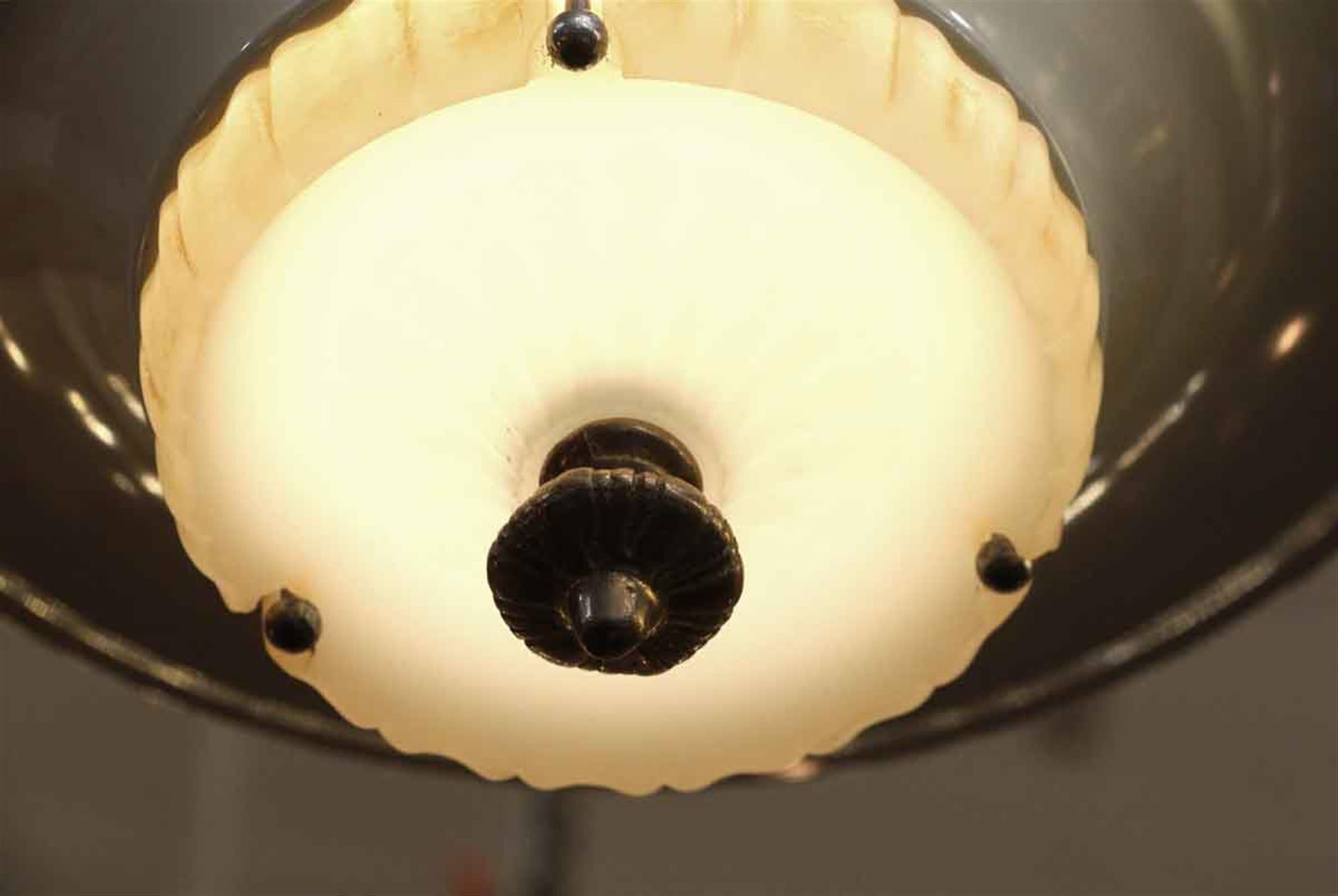 Enameled 1940s Gray Steel Pendant Light with Milk Glass Center