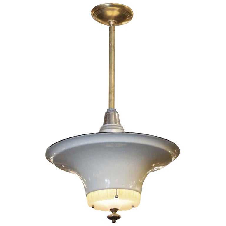1940s Gray Steel Pendant Light With Milk Gl Center 1940s Gray Steel Pendant Light With Milk Gl Center