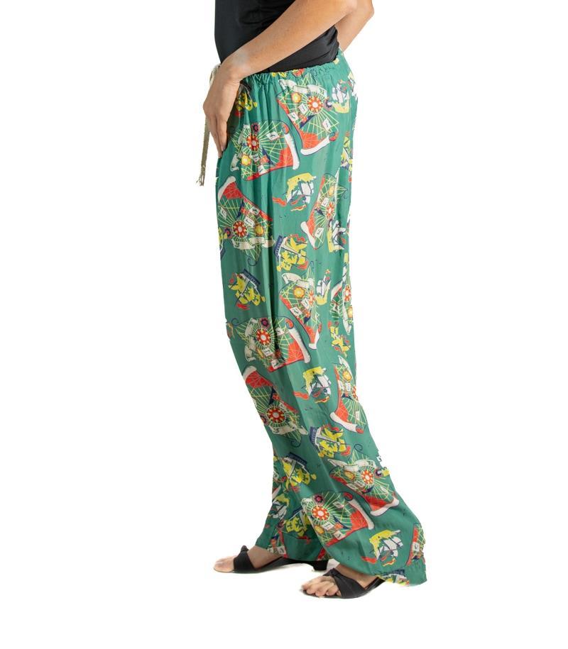 Gray 1940S Green Cold Rayon Rare Pirate Treasure Map Print Pajamas Pants For Sale