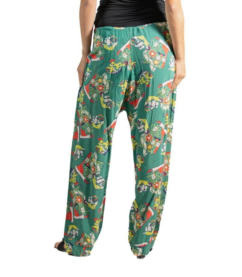 Women's or Men's 1940S Green Cold Rayon Rare Pirate Treasure Map Print Pajamas Pants For Sale