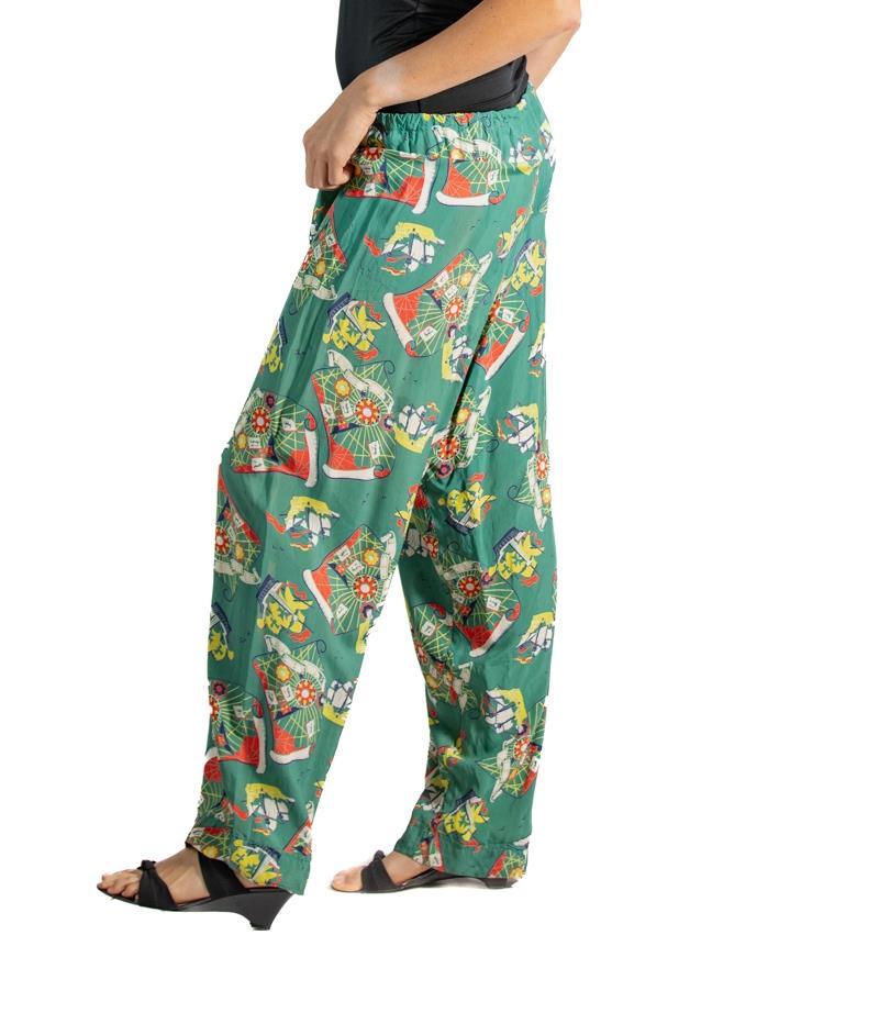 1940S Green Cold Rayon Rare Pirate Treasure Map Print Pajamas Pants For Sale 1