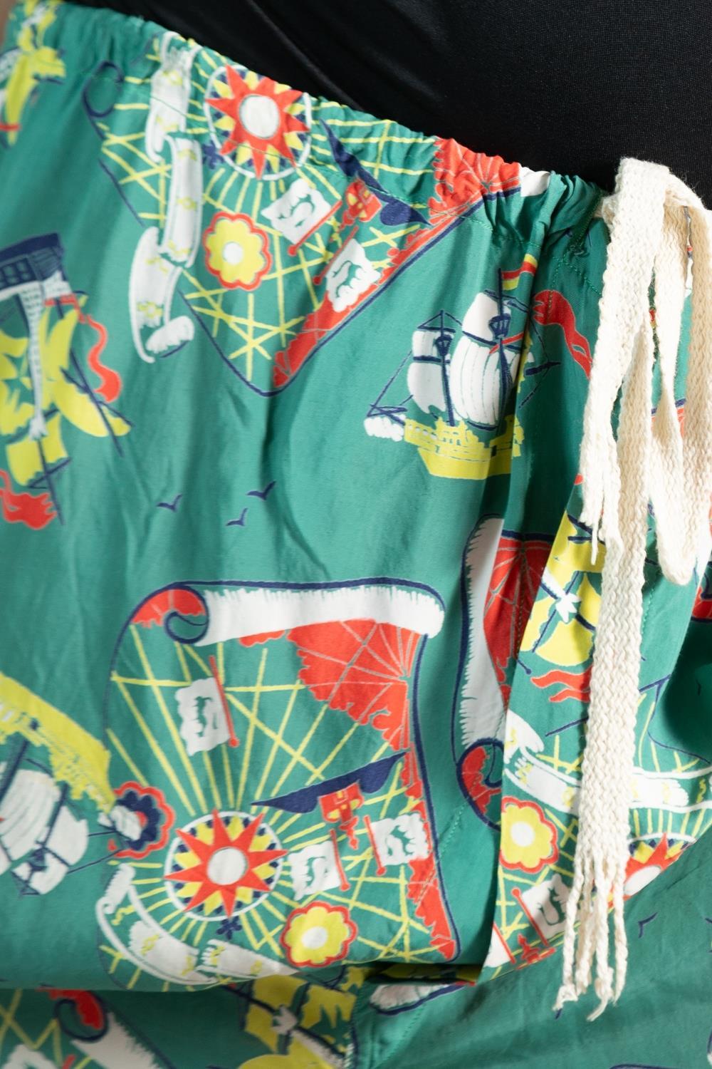1940S Green Cold Rayon Rare Pirate Treasure Map Print Pajamas Pants For Sale 3