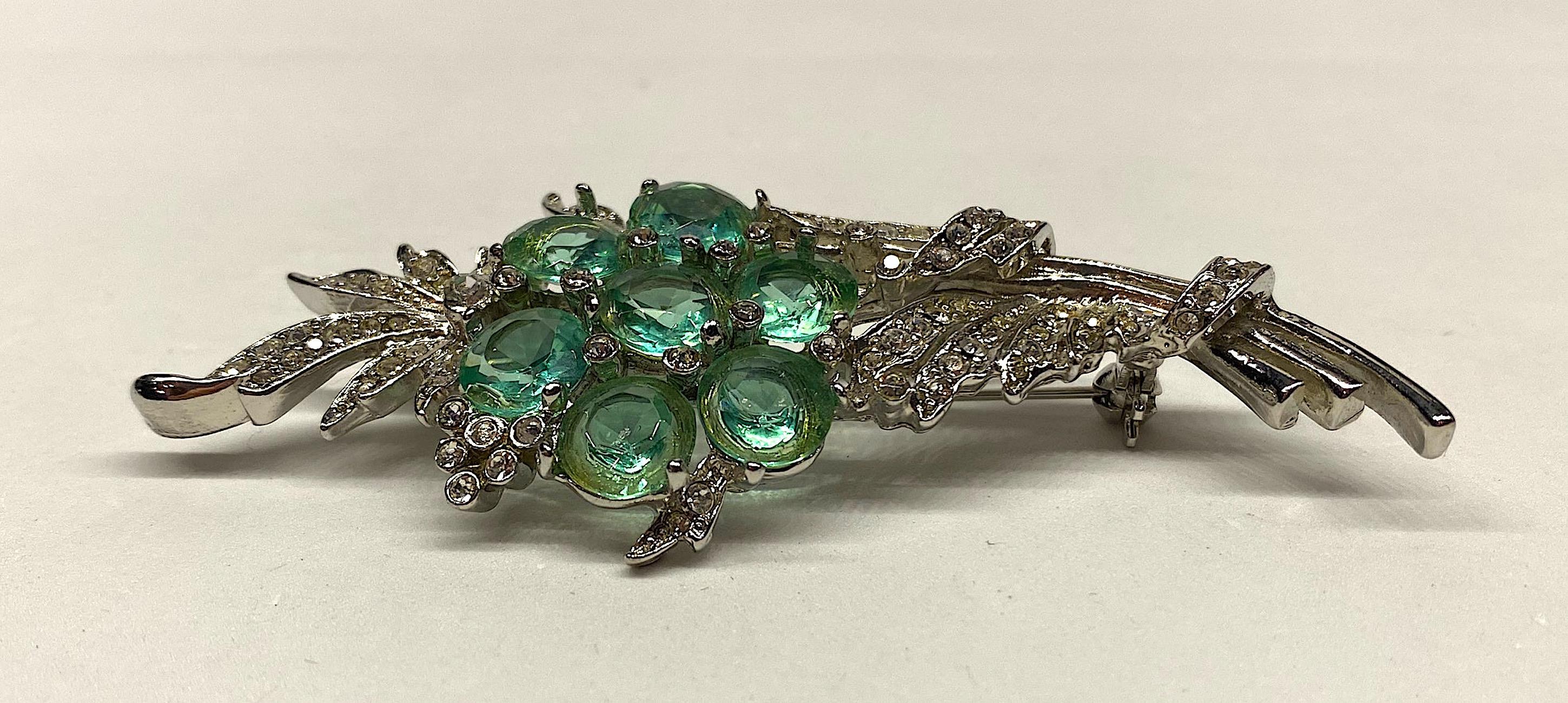 1940s Green Crystal Flower & Rhinestone Brooch attributed to Reja 3