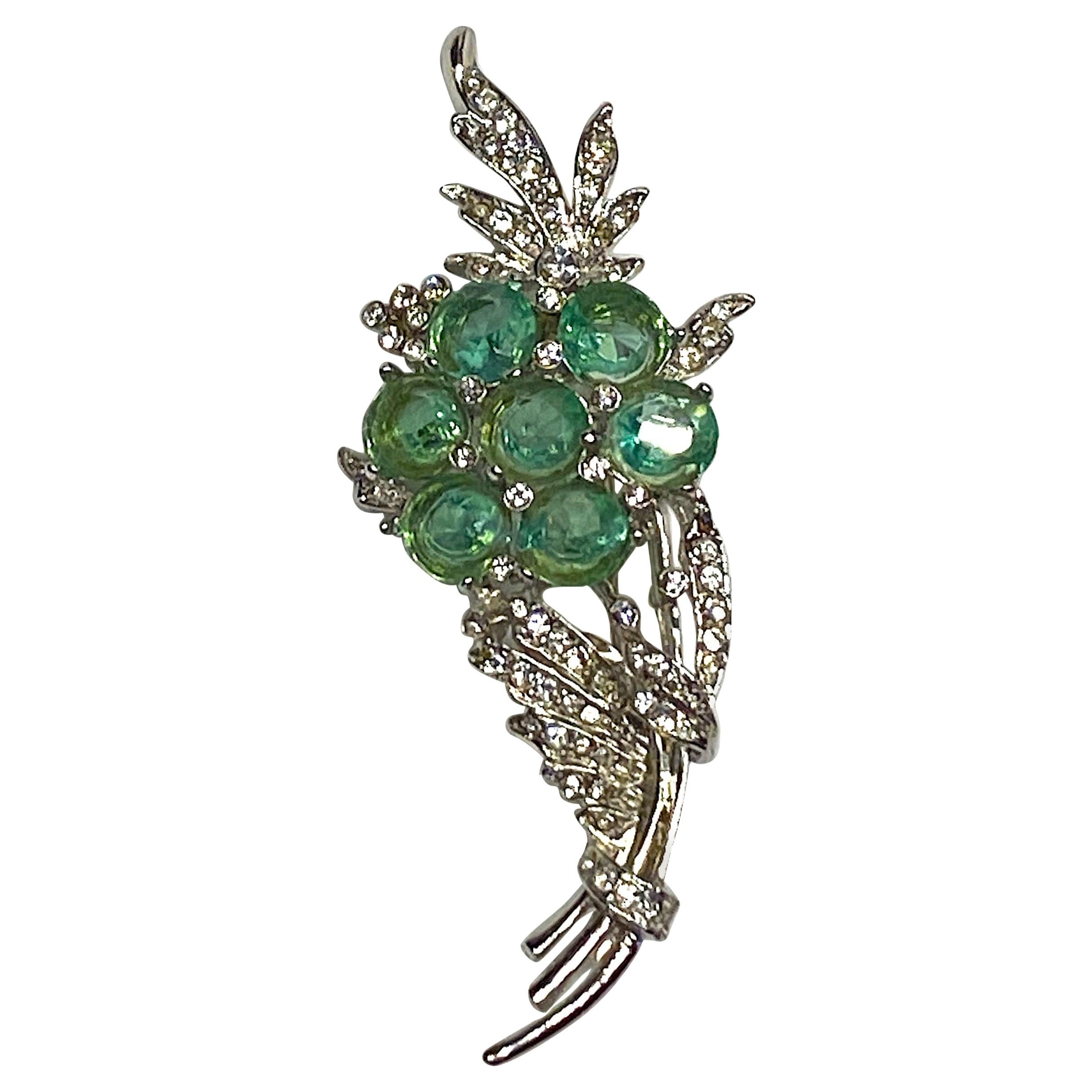 1940s Green Crystal Flower & Rhinestone Brooch attributed to Reja