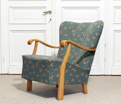 Poltrona lounge in jacquard floreale verde, anni '40, Svezia