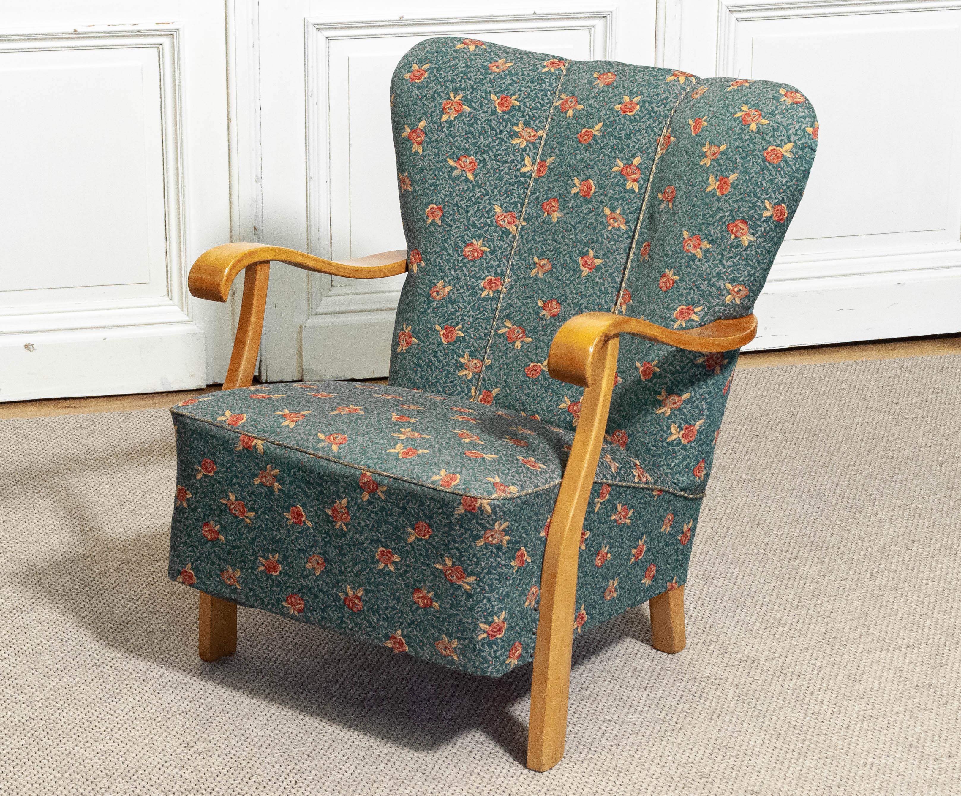Svedese Poltrona lounge in jacquard floreale verde, anni '40, Svezia in vendita