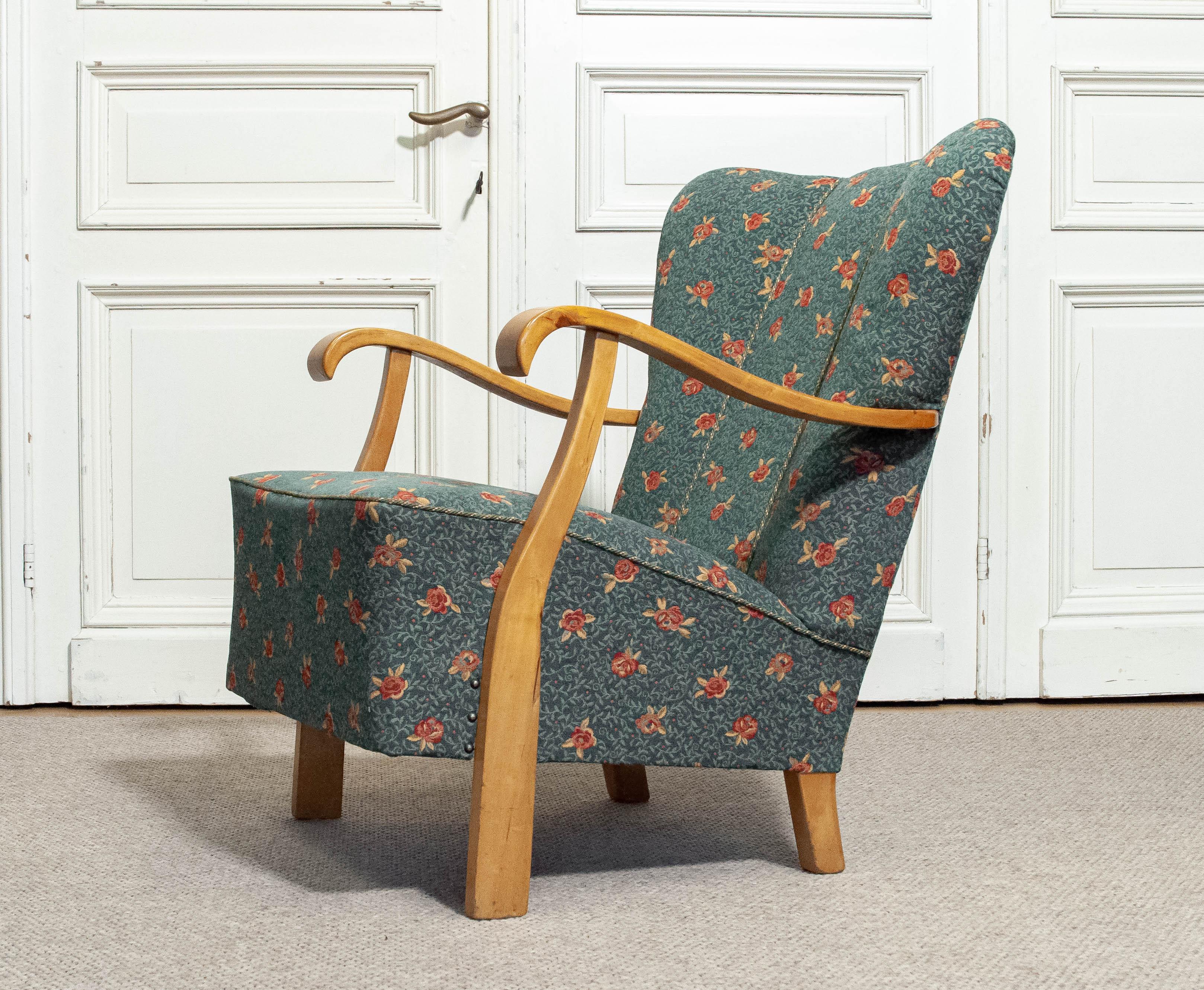 Poltrona lounge in jacquard floreale verde, anni '40, Svezia In condizioni buone in vendita a Silvolde, Gelderland