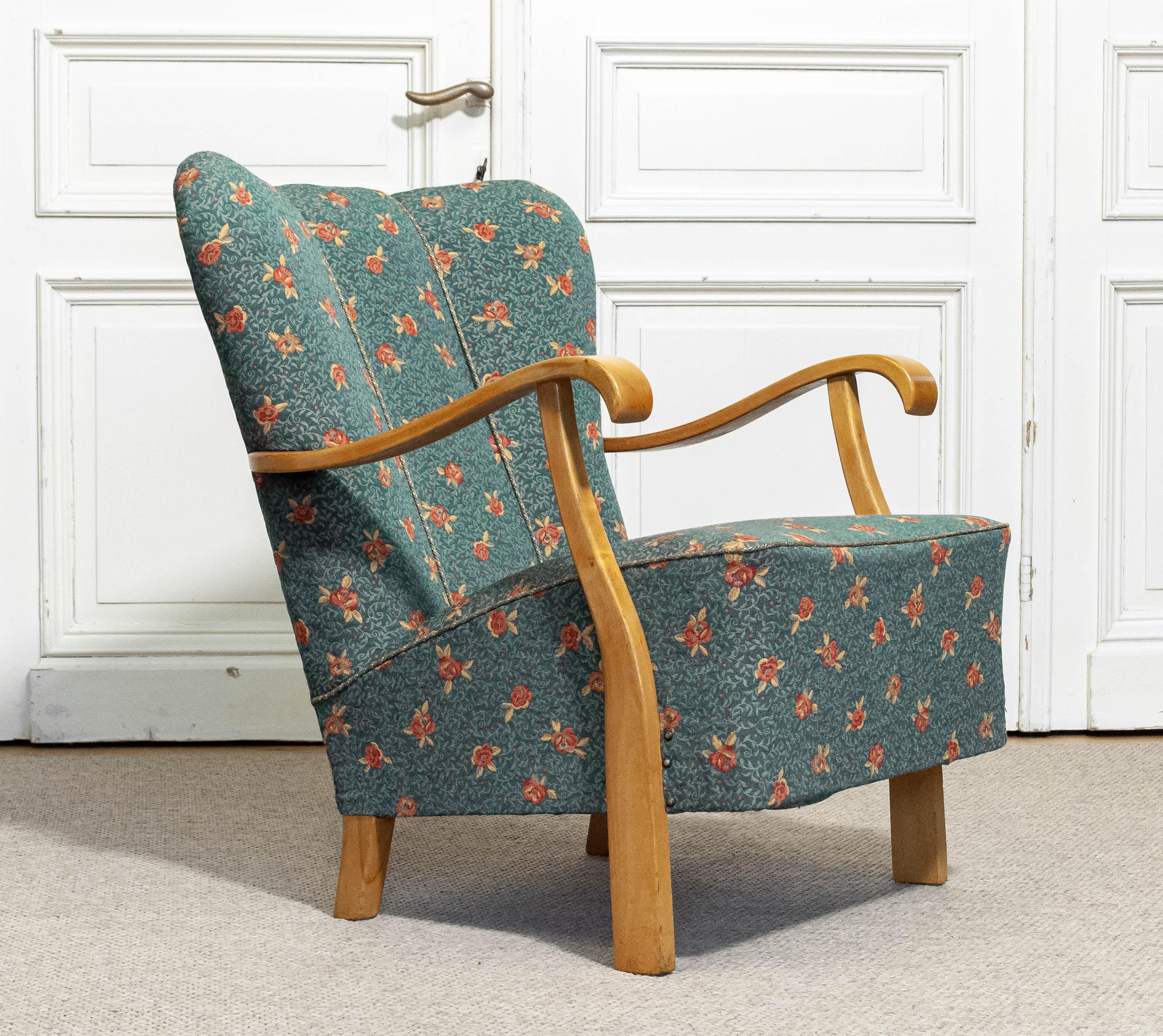 Poltrona lounge in jacquard floreale verde, anni '40, Svezia in vendita 2