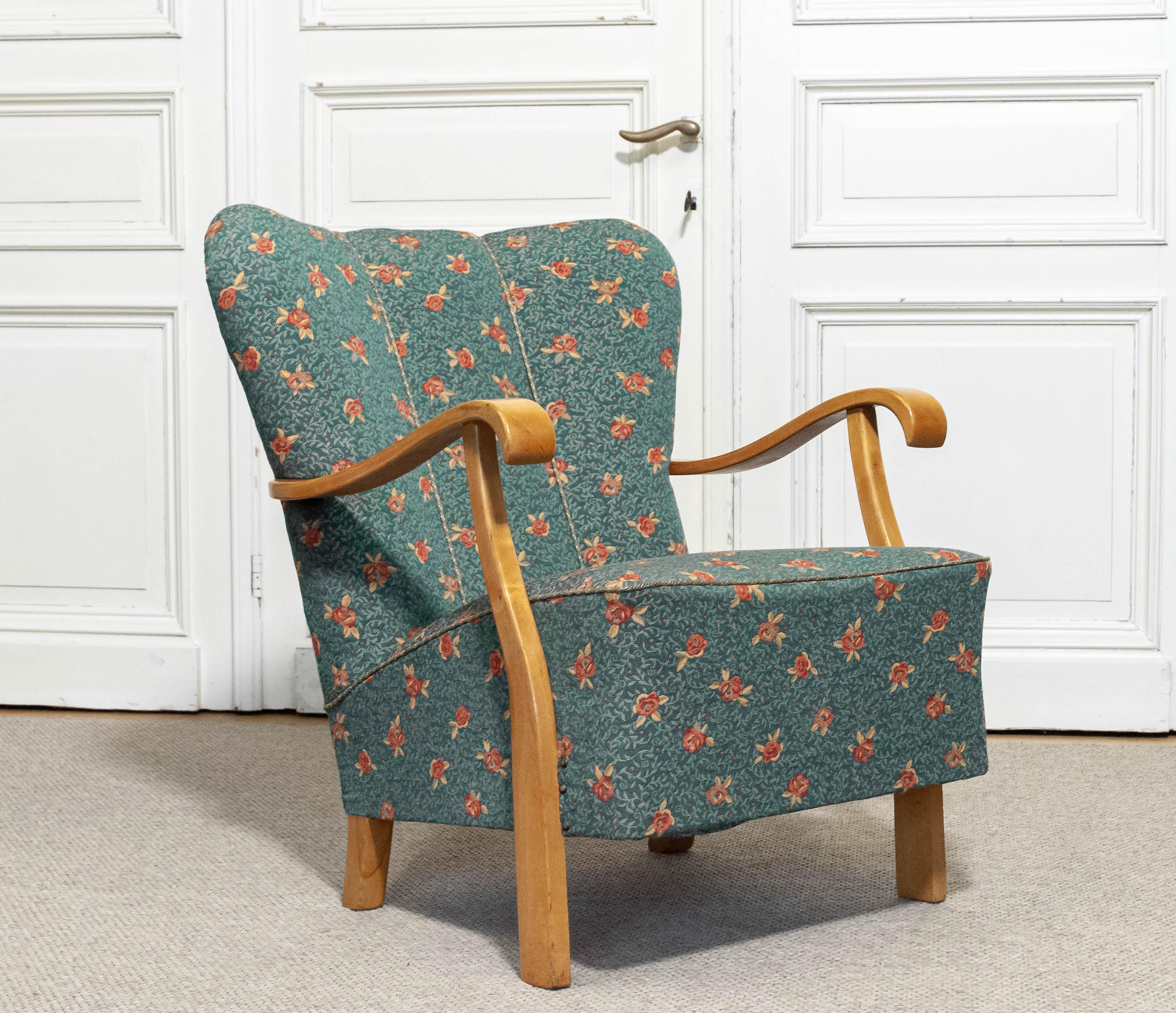 Poltrona lounge in jacquard floreale verde, anni '40, Svezia in vendita 3