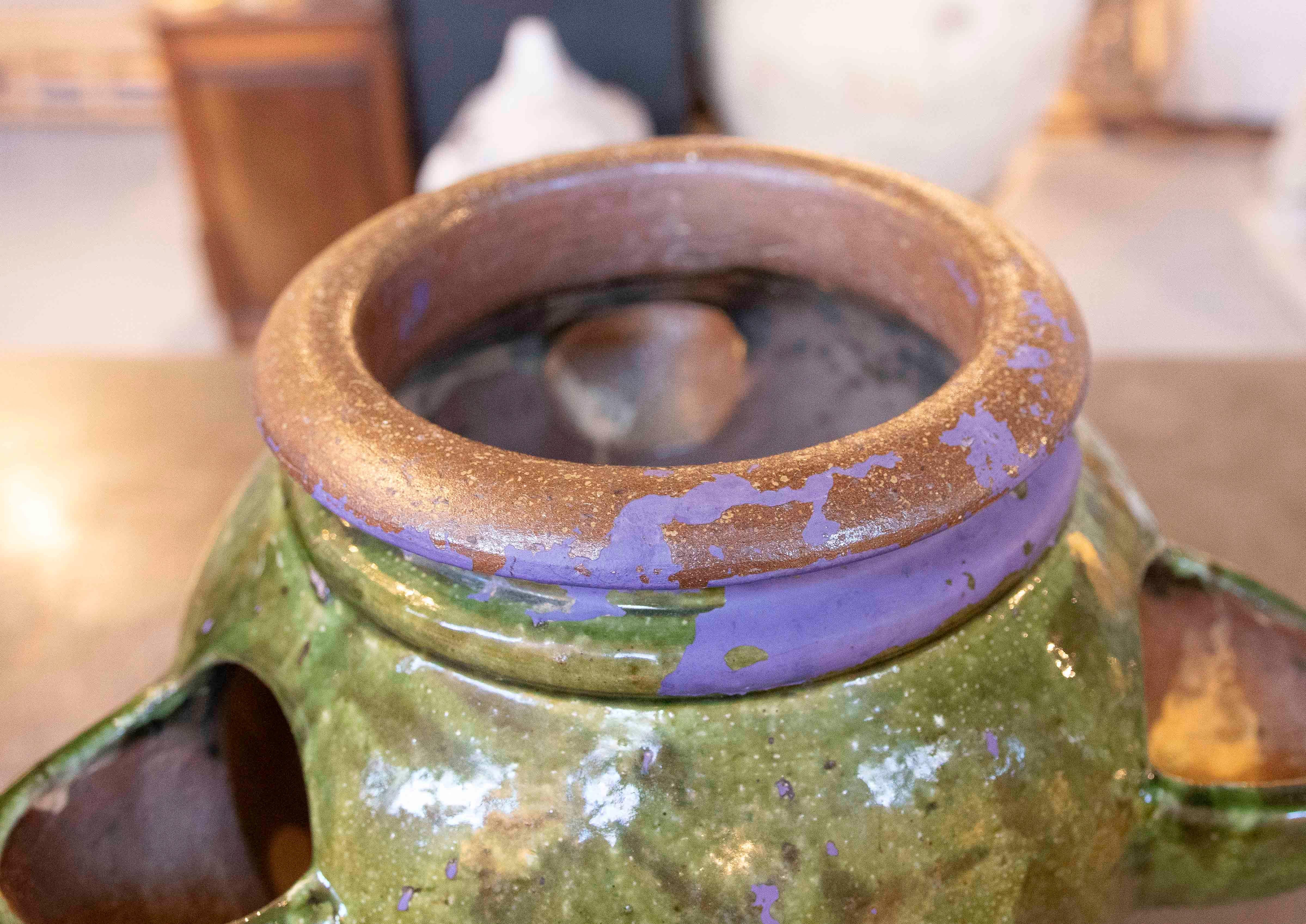 1940s Green Glazed Ceramic Spanish Pottery for Planting Strawberries For Sale 6