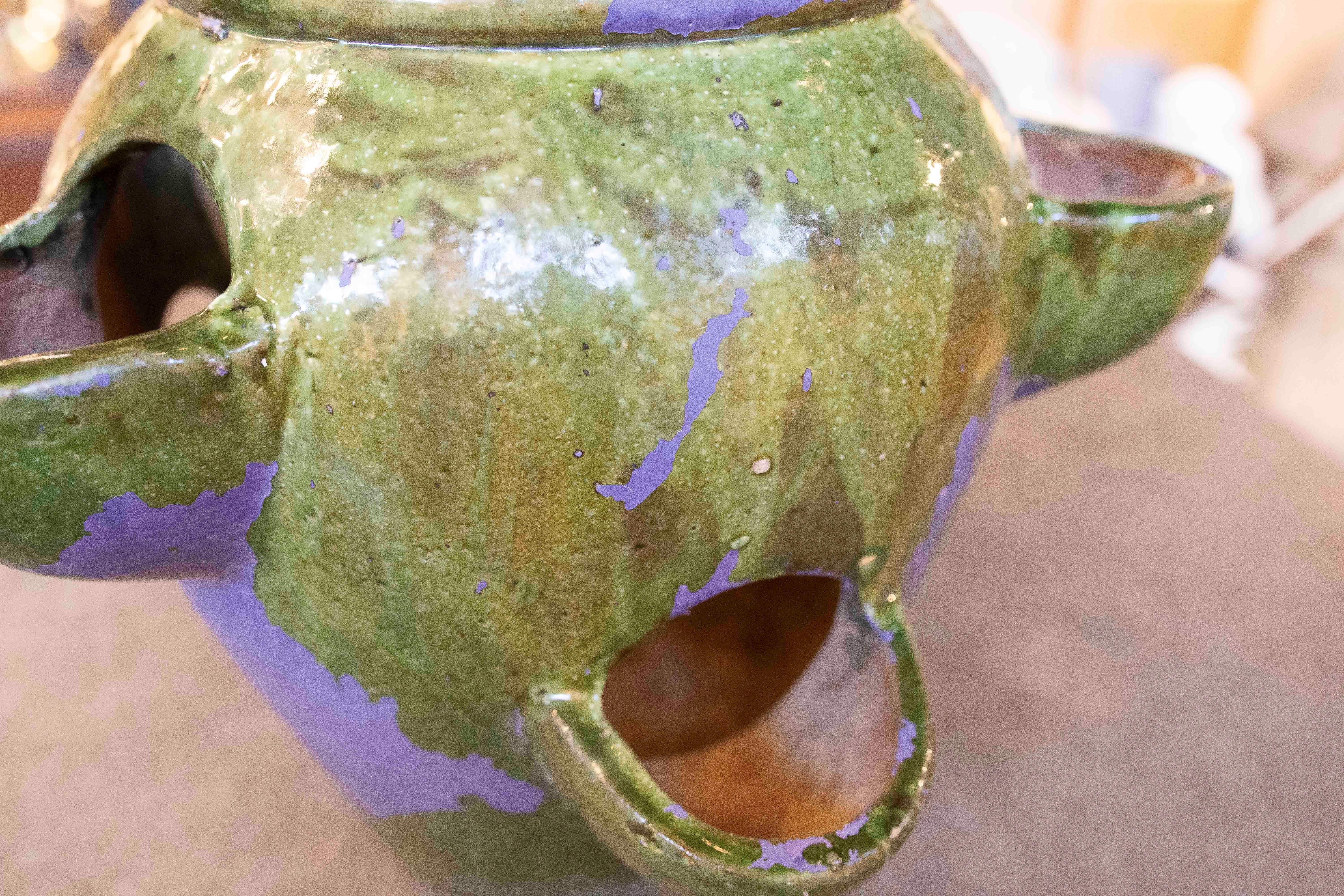 1940s Green Glazed Ceramic Spanish Pottery for Planting Strawberries For Sale 8
