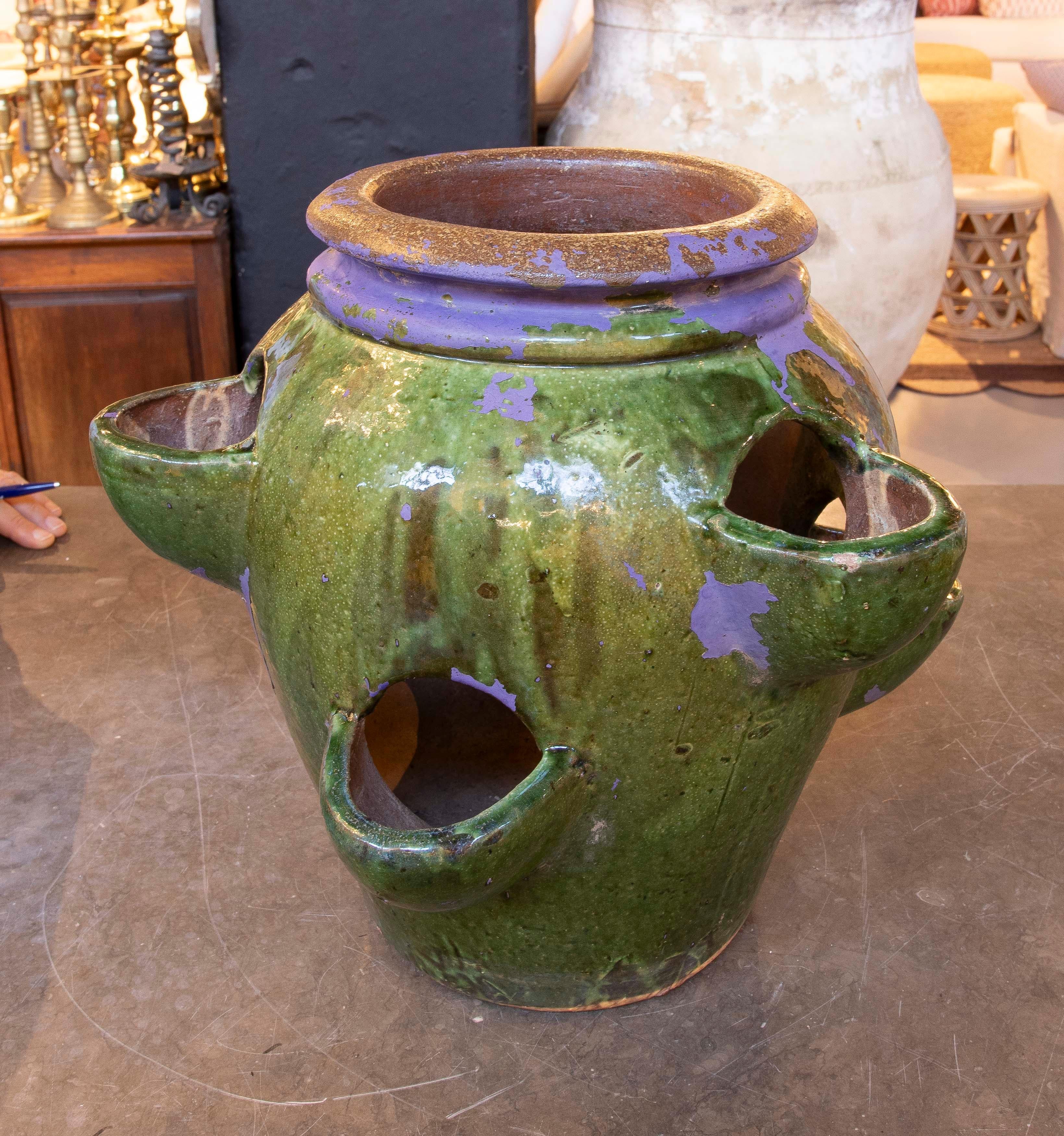 1940s Green Glazed Ceramic Spanish Pottery for Planting Strawberries
